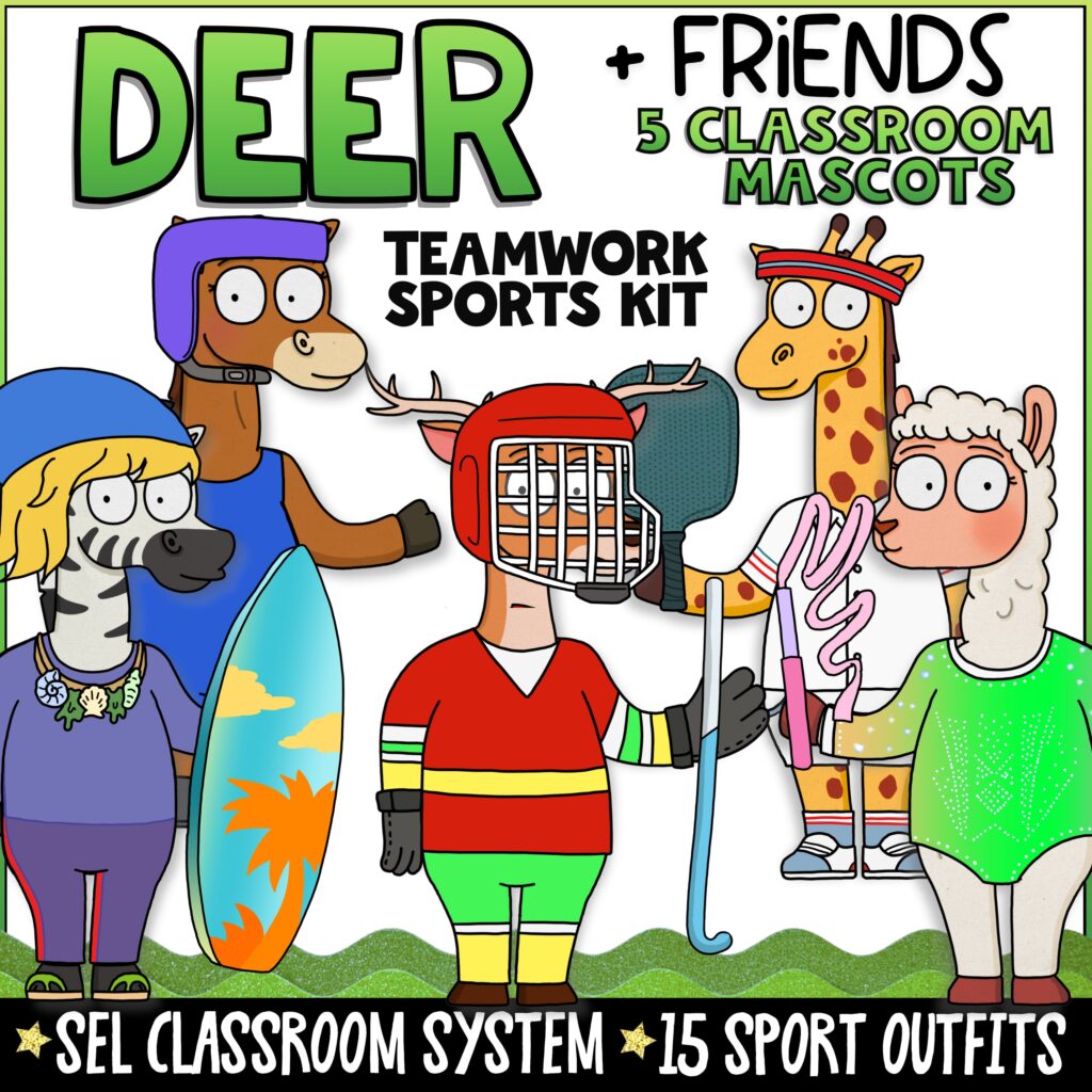 Deer + Friends teamwork classroom mascot pack featuring five cartoon animal mascots including a zebra, alpaca, horse, deer, and giraffe dressed in sports-themed outfits. Text explains classroom uses such as bulletin boards, visual cues, conversation starters, and SEL lesson supports for teamwork and cooperation.