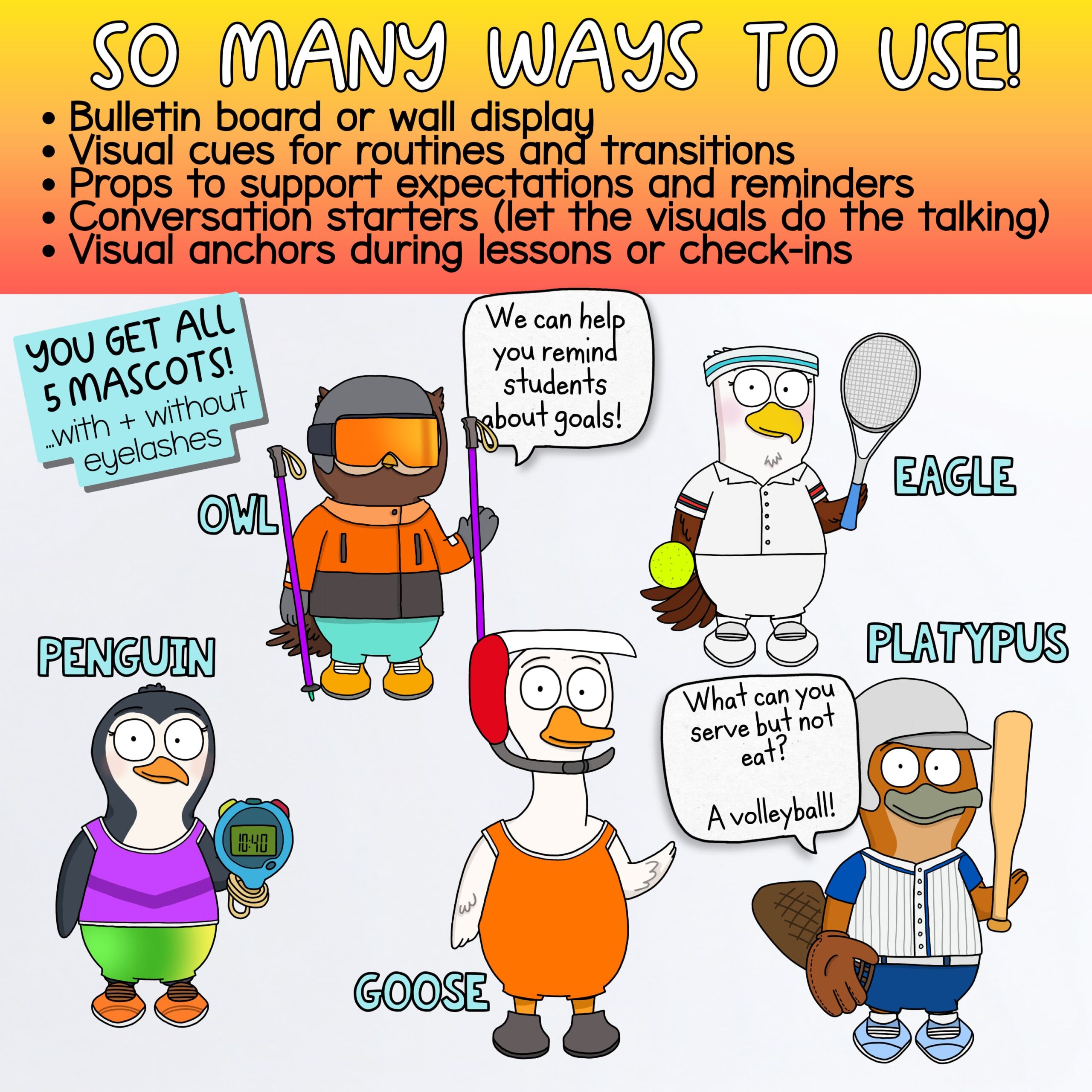 School Mascot Goose for Social Emotional Learning & Classroom Systems Sports Goose + Friends classroom mascot teamwork sports pack featuring five animal mascots in sports outfits including skiing, tennis, baseball, swimming, and wrestling. Text explains classroom uses such as bulletin boards, visual cues, conversation starters, and SEL lesson supports.