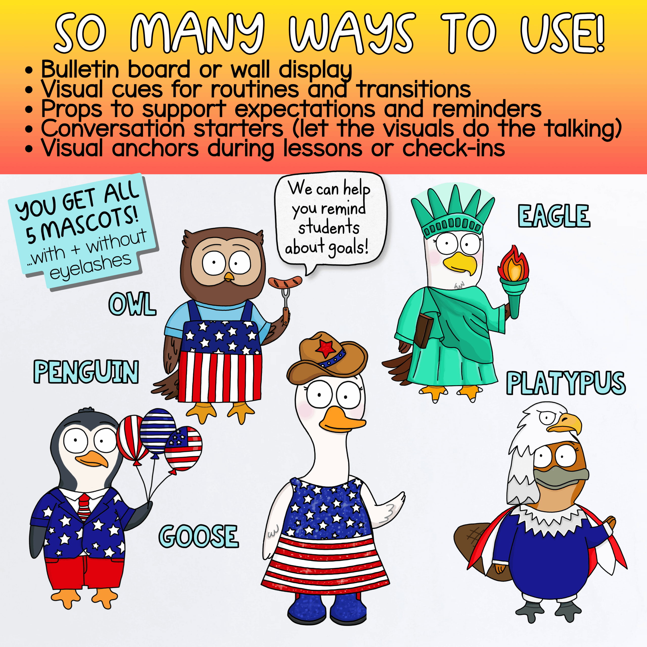 School Mascot Goose for Social Emotional Learning & Classroom Systems 4th of July Goose Classroom Mascot SEL Activities