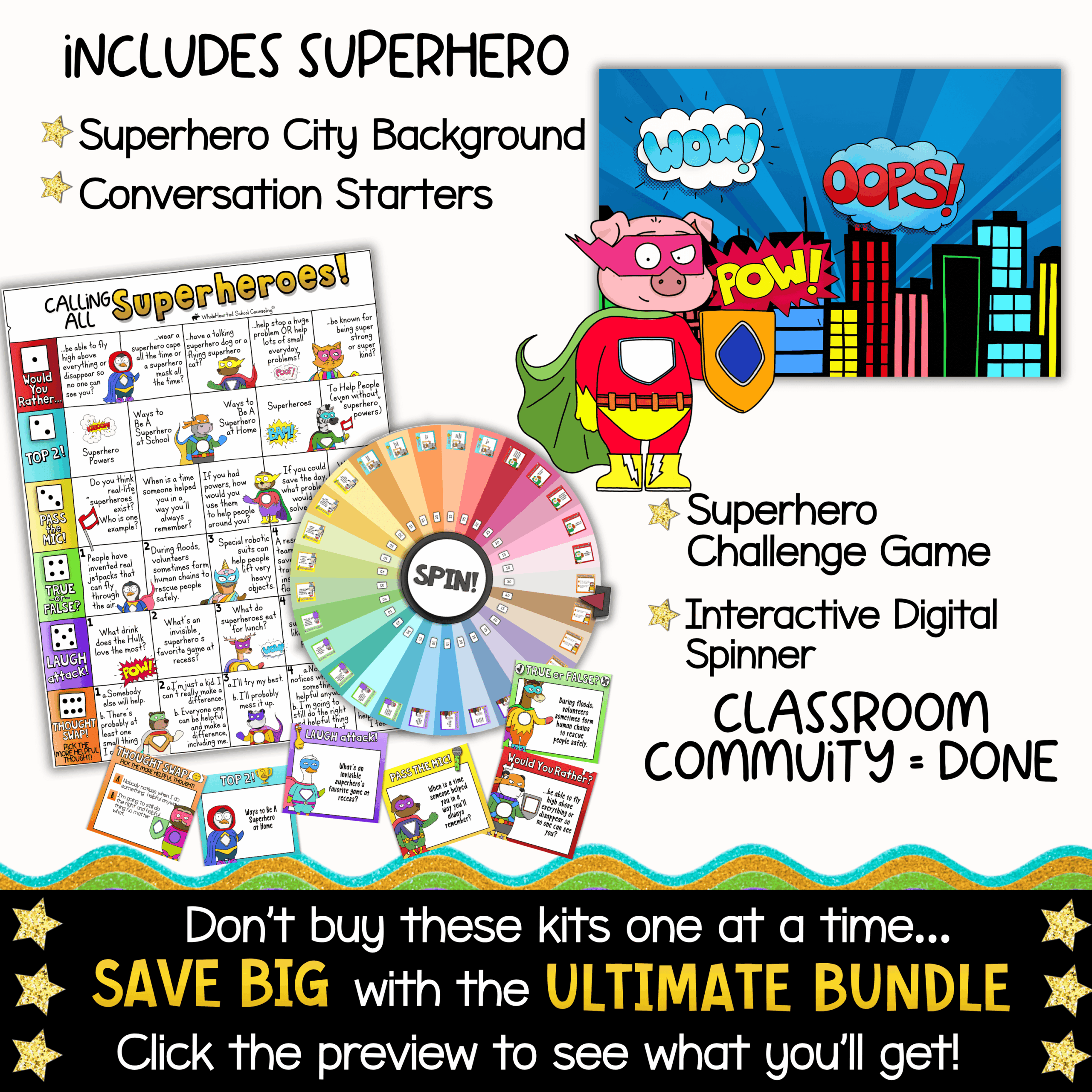 Superhero Classroom Goose pig Dog Sloth Superhero-themed classroom resource preview featuring a superhero city background, SEL conversation starter game, printable challenge cards, interactive digital spinner game, and classroom community activities from the Fox + Friends Superhero Classroom Mascot Kit.