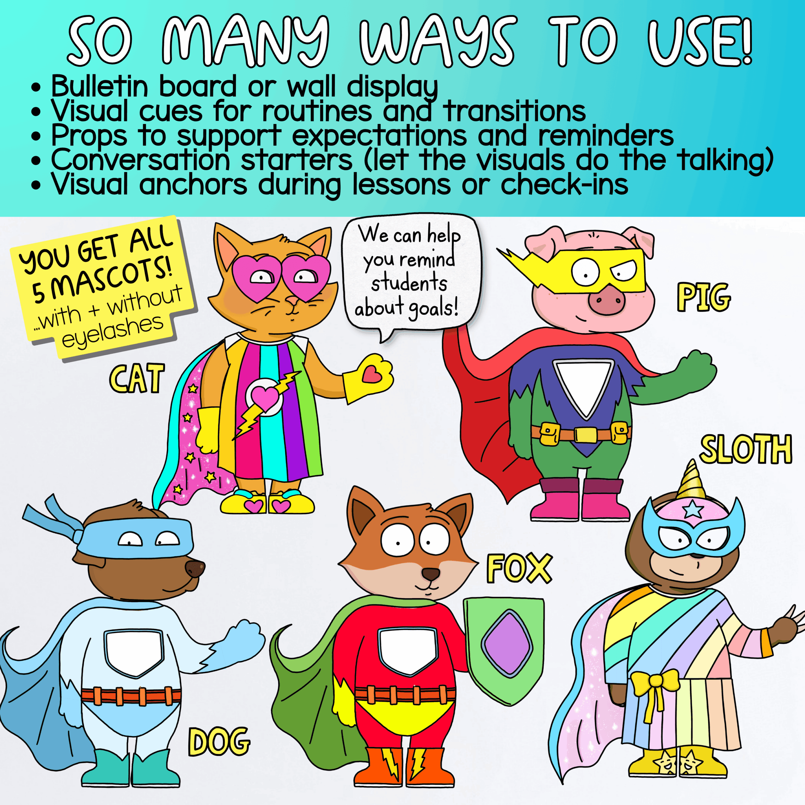 Superhero Classroom Mascot Goose and Fox for Social Emotional Learning & Class Systems Preview page featuring Fox + Friends superhero mascot costumes, including caped heroes, masks, shields, and superhero accessories. Includes a free Fox & Doodle Dog mascot sample promotion and showcases classroom mascots designed to support encouragement, leadership, teamwork, and positive behavior.