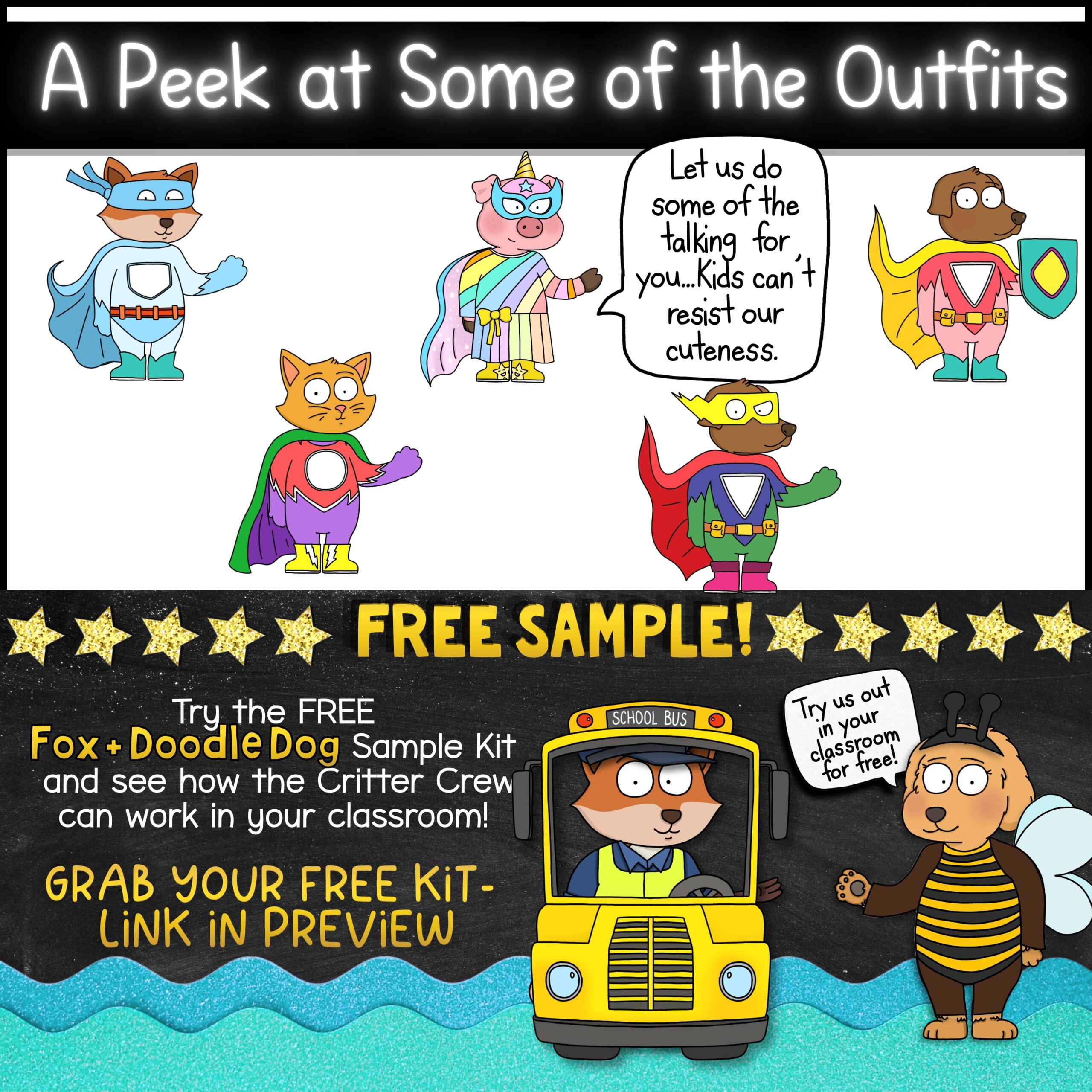 Superhero Porch Goose Mascot for Classroom Management, Behavior & SEL (2) Fox + Friends superhero classroom mascot set showing five animal mascots in superhero costumes with capes, masks, flags, and shields. Text explains classroom uses including bulletin boards, visual reminders, conversation starters, classroom routines, transitions, and SEL lessons.