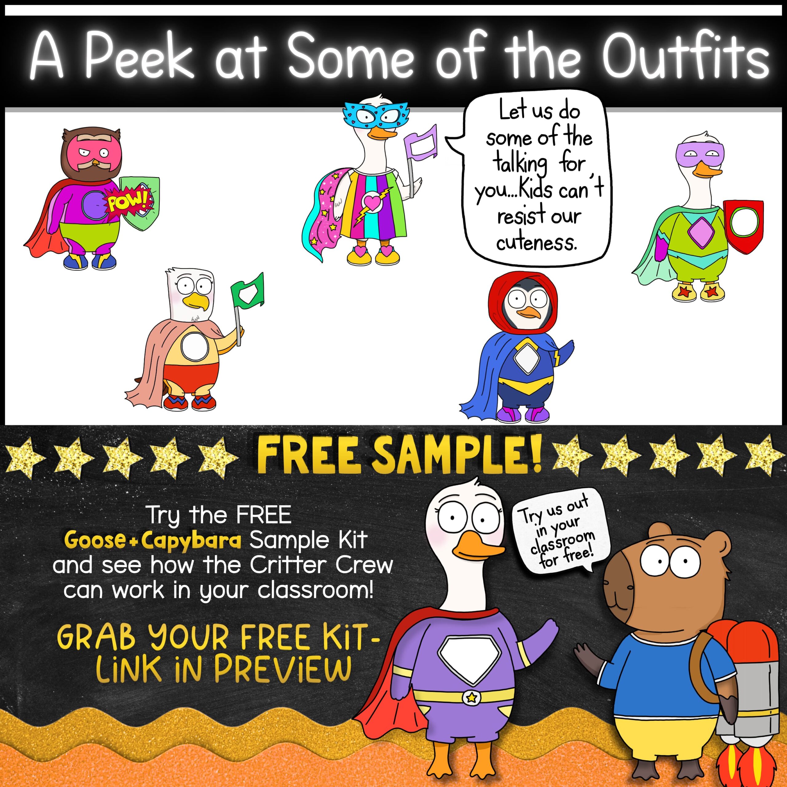 Superhero Porch Goose Mascot for Classroom Management, Behavior & SEL Goose + Friends superhero classroom mascot set showing five animal mascots in colorful superhero costumes with capes, masks, shields, and wings. Text explains classroom uses including bulletin boards, visual reminders, conversation starters, routines, transitions, and SEL lessons.