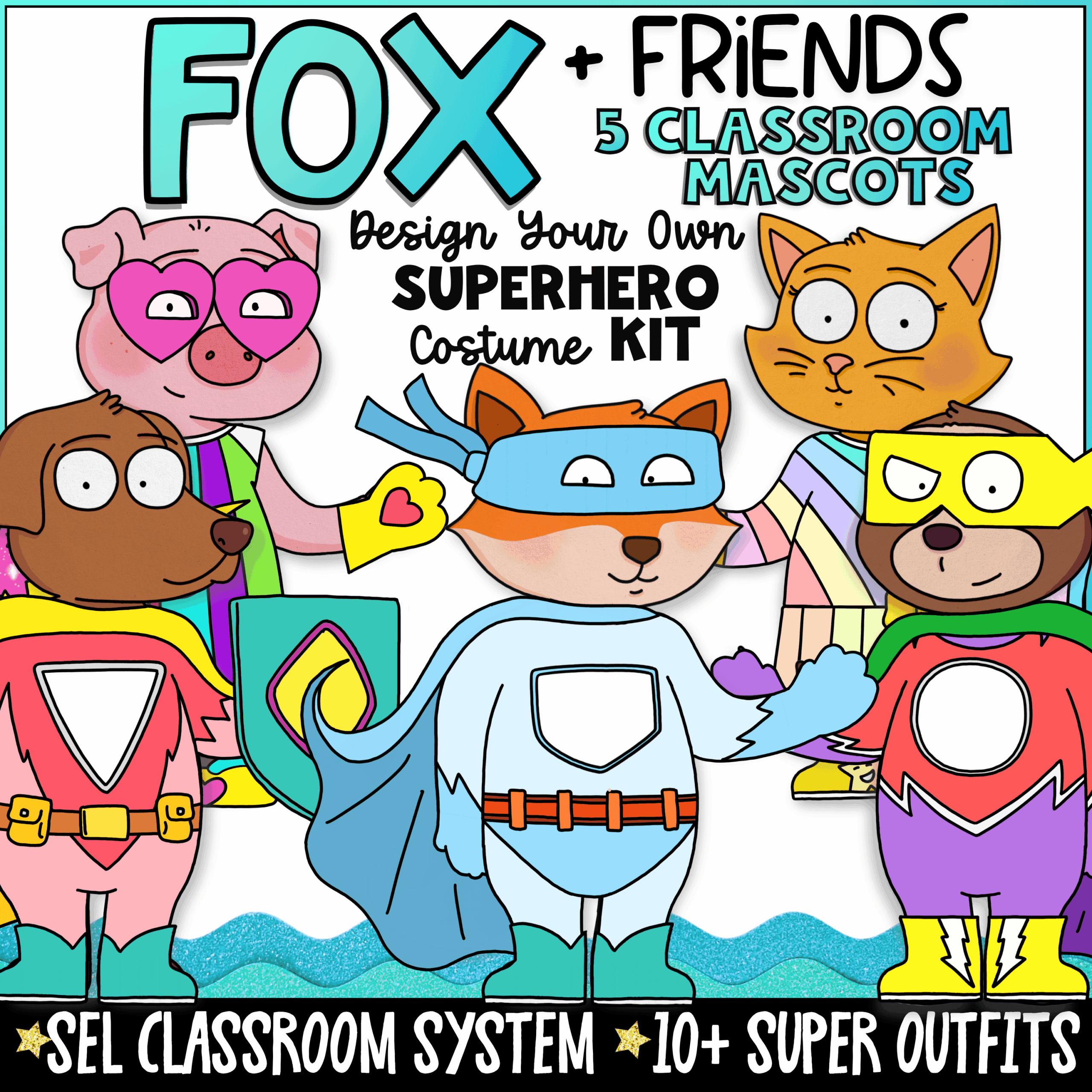 Superhero Porch Goose Mascot for SEL, Classroom Systems & Behavior Tools Cover image for the Fox + Friends Superhero Classroom Mascot Kit featuring five cartoon animal mascots including Fox, Dog, Cat, Pig, and Sloth dressed in colorful superhero costumes with capes, masks, and shields. Text highlights an SEL classroom system with 10+ superhero outfits for classroom management, behavior support, and social-emotional learning.