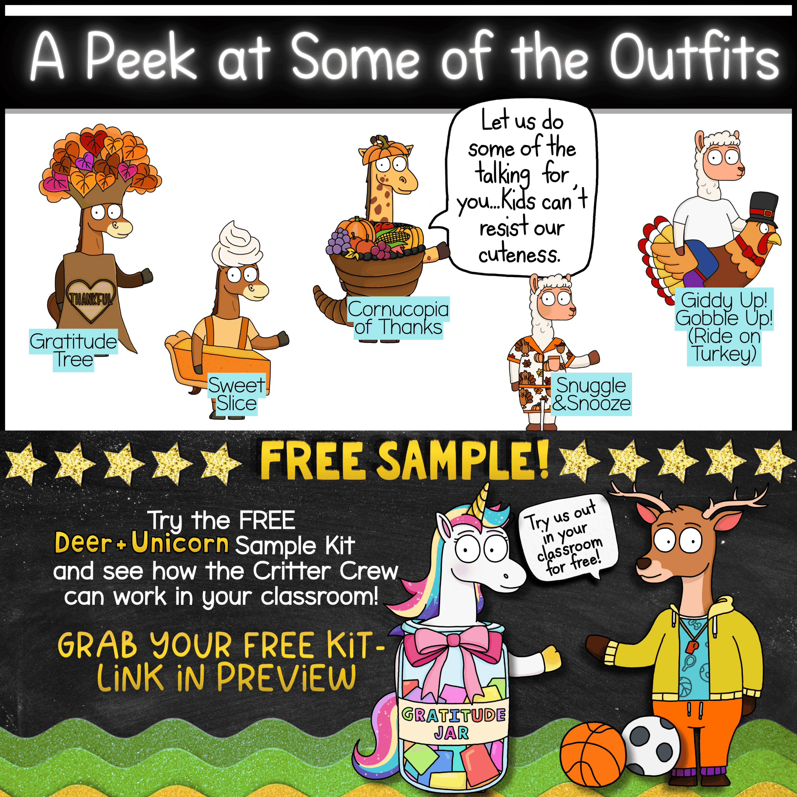 Thanksgiving Classroom Mascot Outfits Thanksgiving classroom decor featuring goose and deer mascots Free Unicorn and Deer classroom mascots