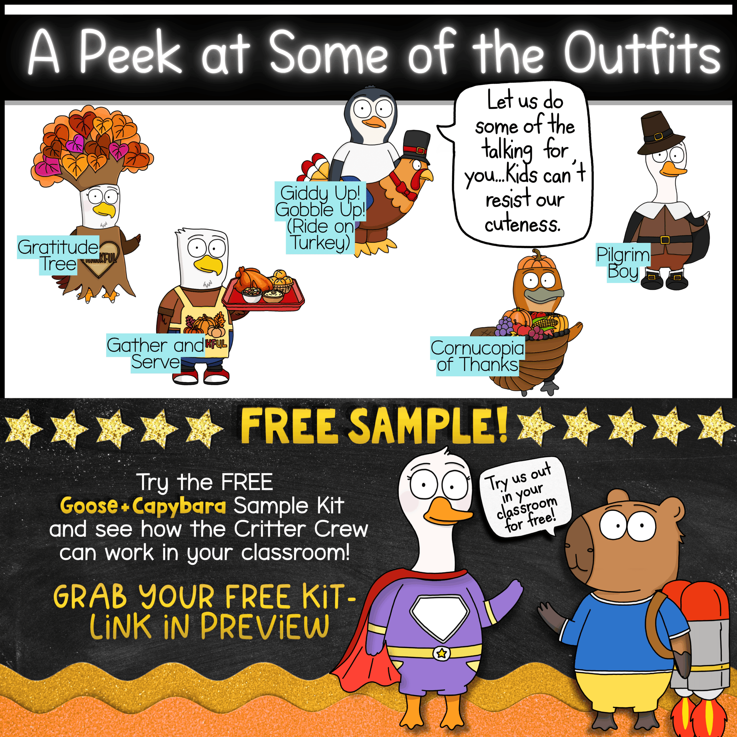 Thanksgiving Goose Classroom Mascot SEL Activities Cute goose and capybara classroom mascots for Thanksgiving activities