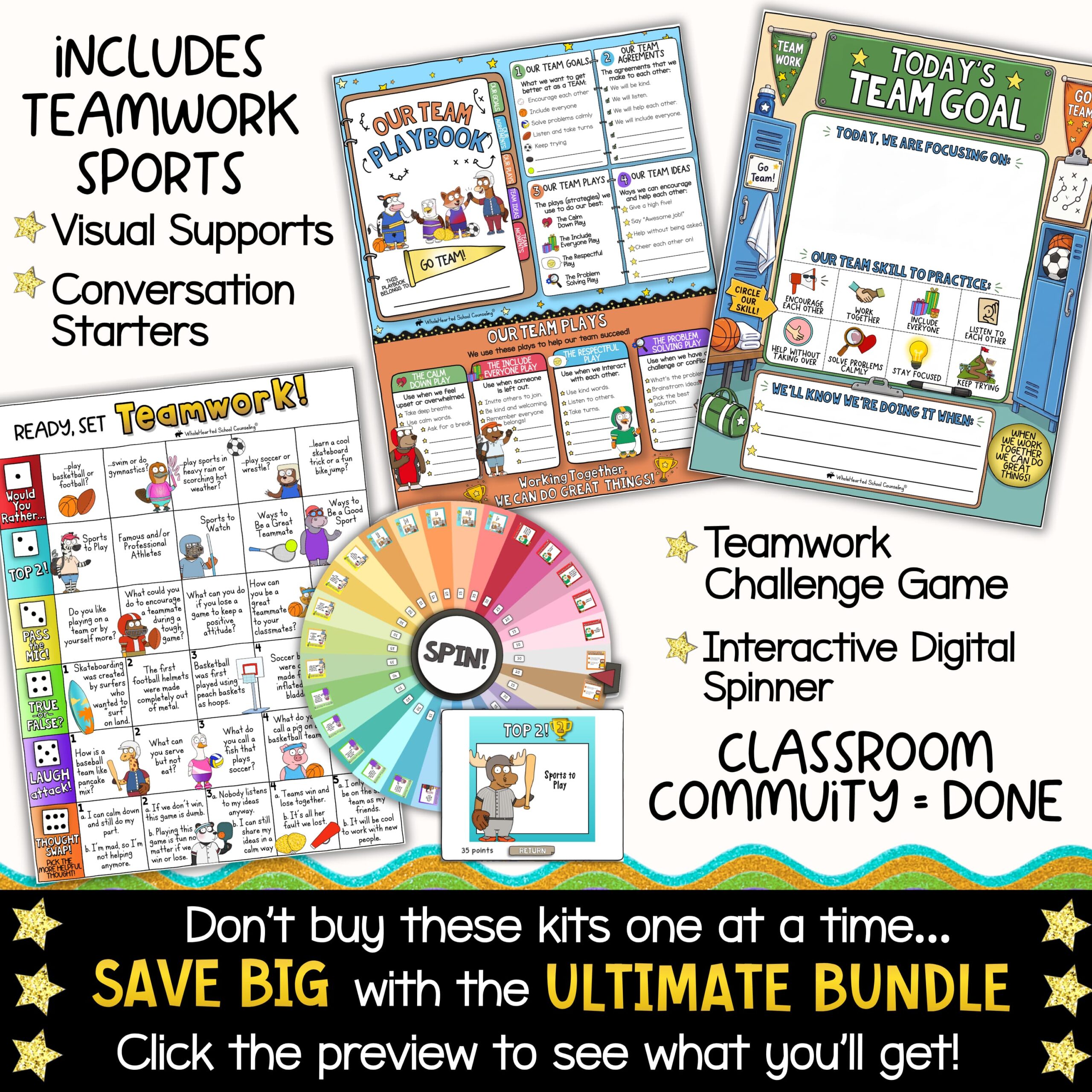 Wholehearted Critter Crew PBIS Mascot Goose for School Behavior & SEL Sports (2) Teamwork sports classroom resource preview featuring SEL teamwork playbooks, conversation starter games, classroom goal posters, teamwork challenge activities, and an interactive digital spinner game from the Deer + Friends classroom mascot system.
