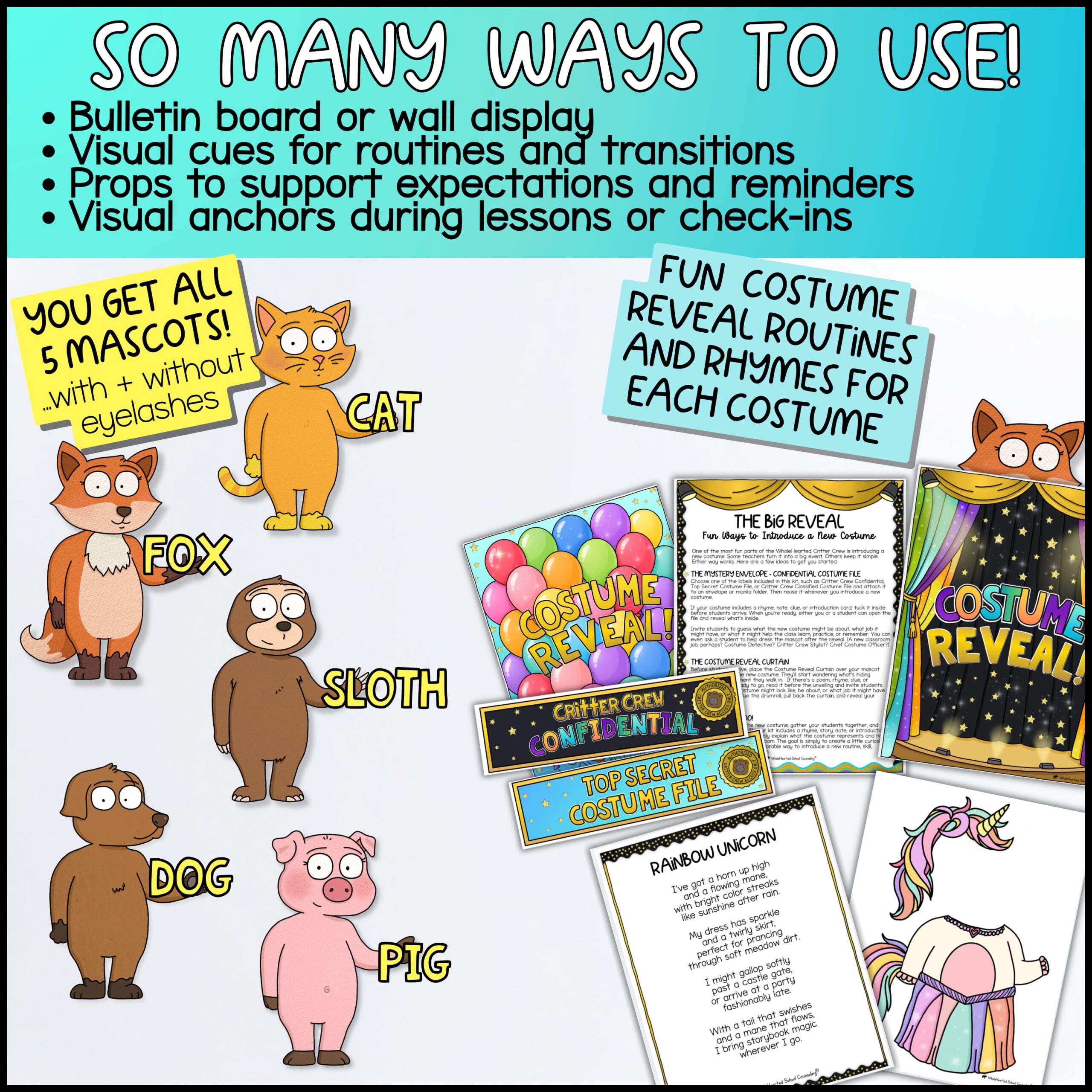 Ballerina and Princess Classroom Goose Costumes for SEL and Behavior Support Fox + Friends classroom mascot bundle featuring Fox, Cat, Dog, Sloth, and Pig mascots with printable costume reveal activities, bulletin board displays, classroom visual cues, behavior reminders, lesson anchors, costume poems, reveal routines, and classroom management resources for SEL, PBIS, and elementary classrooms.