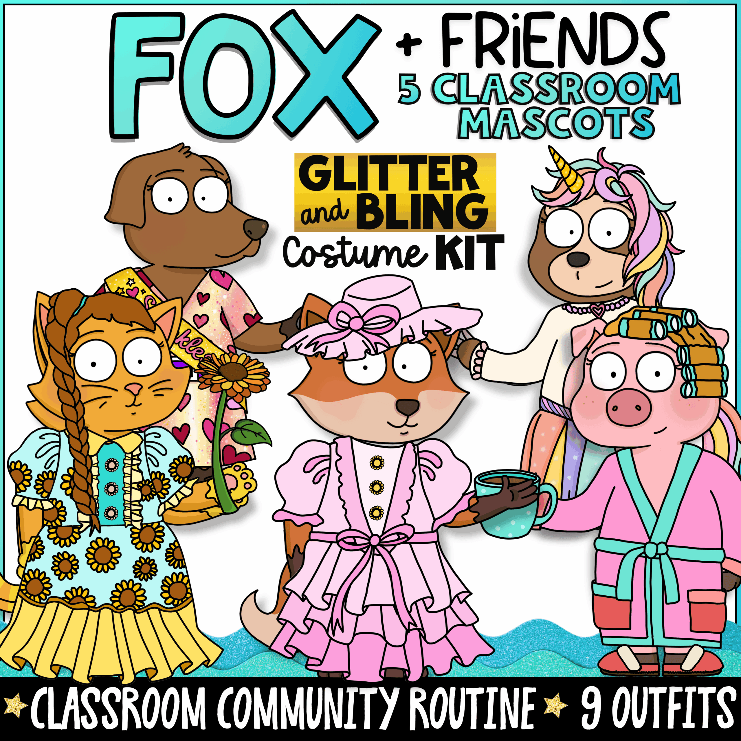 Bling Classroom Goose Costumes for SEL, Behavior Support, and Classroom Community Fox + Friends Glitter and Bling classroom mascot costume kit featuring Fox, Cat, Dog, Pig, and Sloth dressed in glamorous princess, fairy, tea party, curlers, and sparkle-themed outfits. Includes 9 classroom mascot costumes designed to build classroom community, support SEL, positive behavior, and engaging classroom routines.