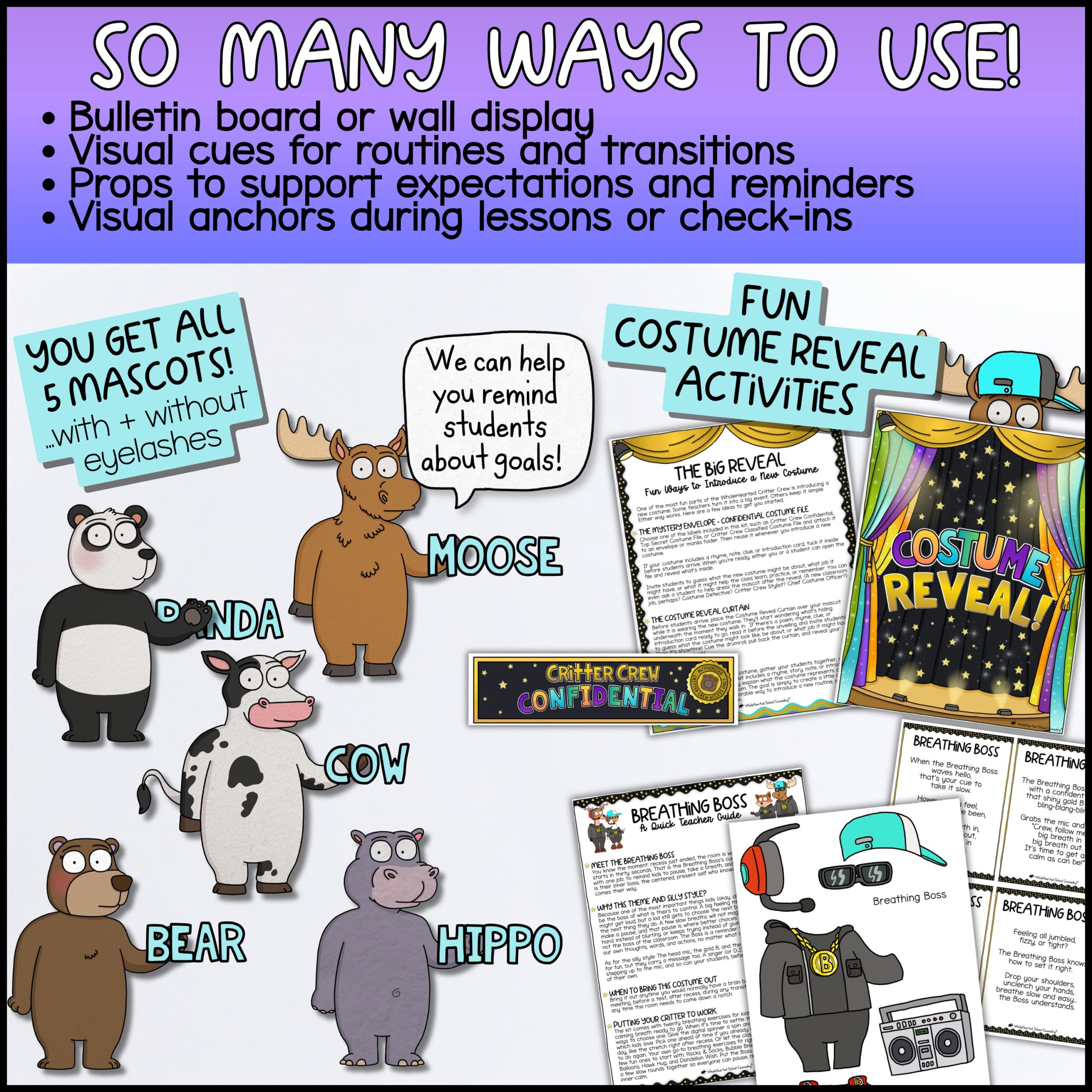 Breathing Exercises Classroom Goose Mascot Goose for Classroom Management & Social Emotional Learning (2) Moose + Friends Breathing Exercises Classroom Mascot Kit featuring Moose, Bear, Panda, Cow, and Hippo classroom mascots. Includes breathing-themed costume reveal activities, visual supports, behavior management tools, and classroom routine resources designed for SEL, emotional regulation, and positive behavior support.