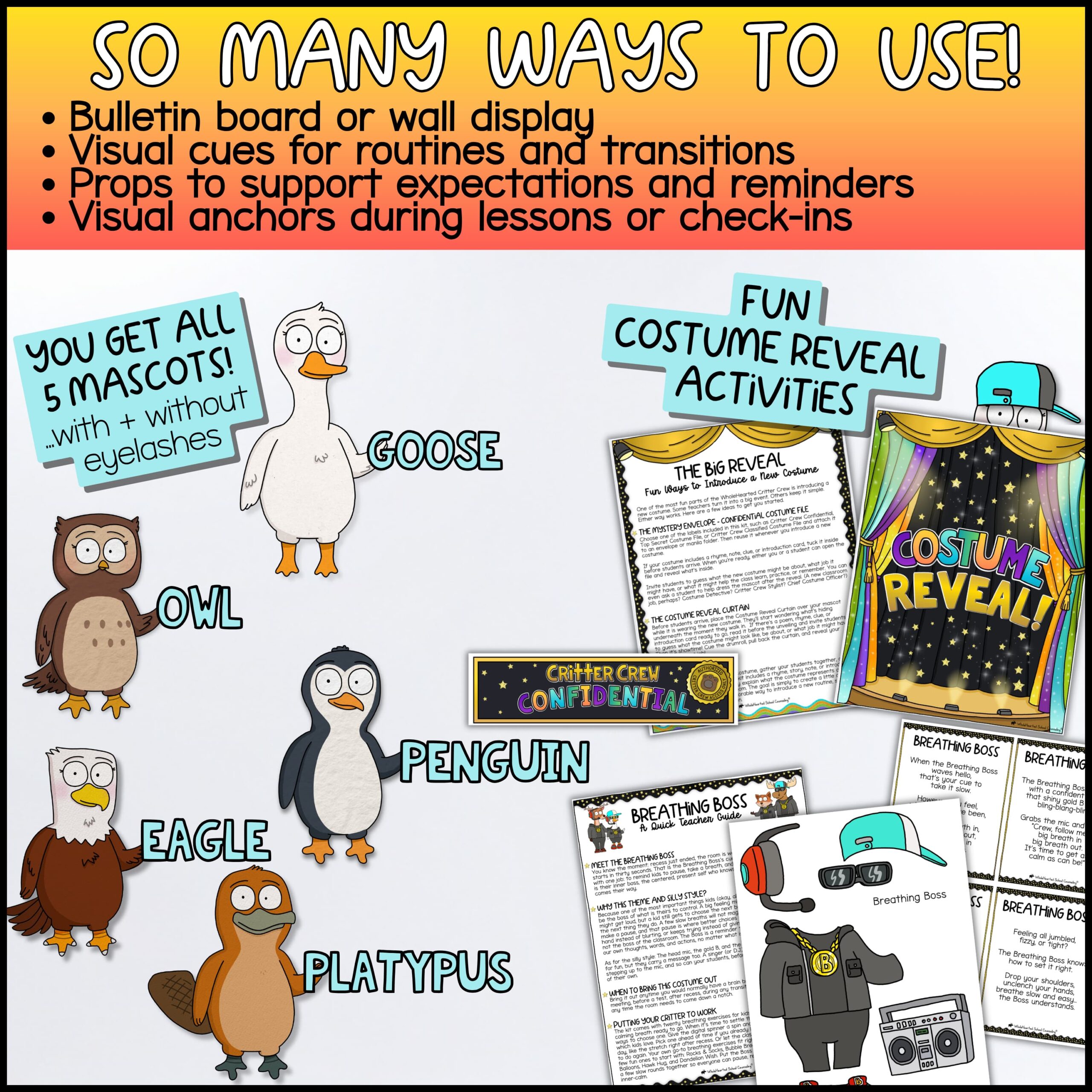 Breathing Exercises Classroom Goose Mascot Goose for Classroom Management & Social Emotional Learning Goose + Friends Breathing Exercises Classroom Mascot Kit showing Goose, Owl, Eagle, Penguin, and Platypus classroom mascots alongside costume reveal activities, visual supports, and behavior-focused classroom management tools. Designed for SEL lessons, emotional regulation, classroom routines, and positive behavior support.