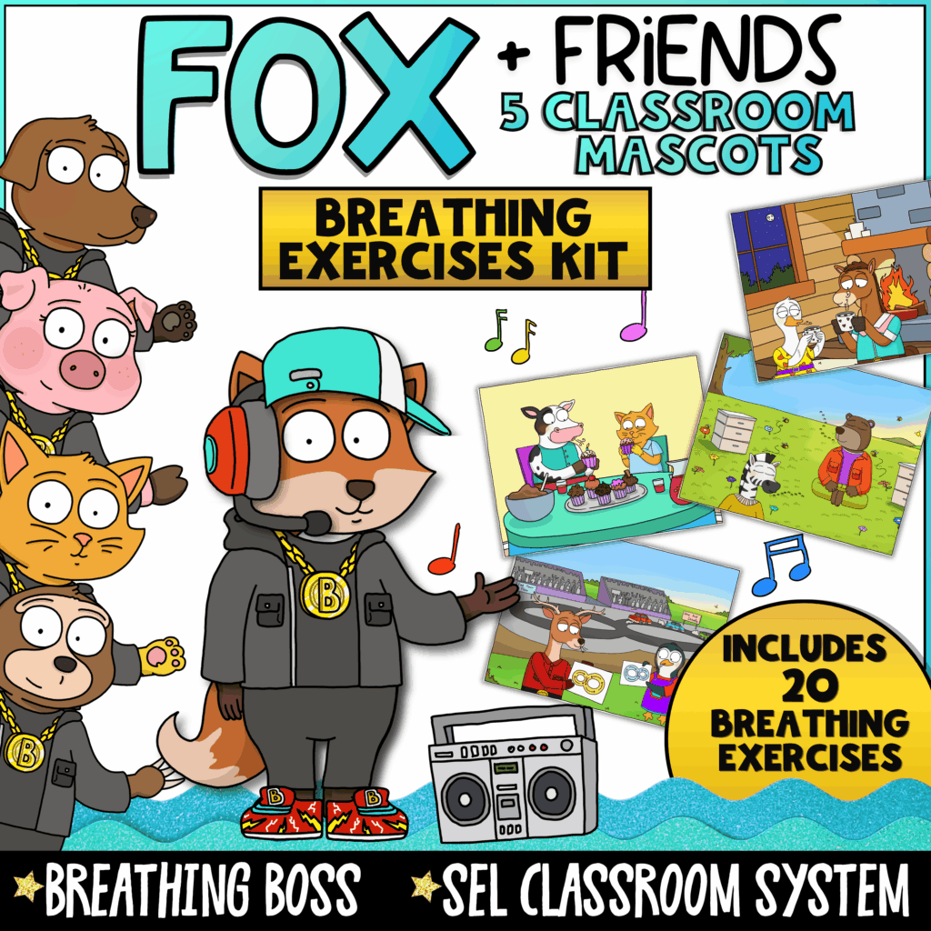 Cover image for the Fox + Friends Breathing Exercises Kit featuring the “Breathing Boss” fox mascot wearing headphones, a cap, and a gold medallion. Includes 20 breathing exercises, SEL classroom management resources, emotional regulation activities, mindfulness supports, and behavior tools for elementary students.