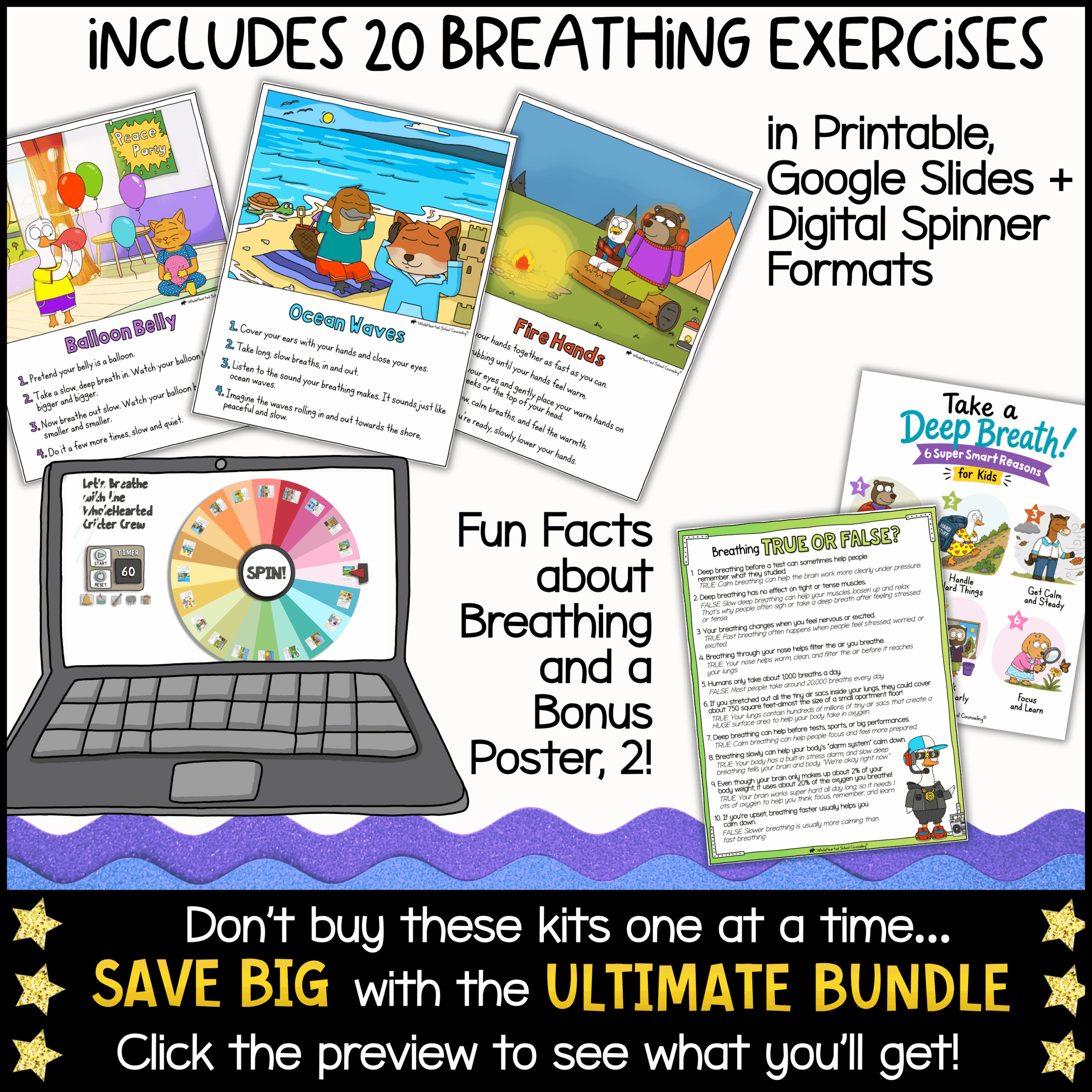Breathing Exercises Classroom Goose School Mascot Goose for Classroom Management, Behavior & PBIS Support Resource overview page for the Moose + Friends Breathing Exercises Kit showing printable breathing exercise cards, digital spinner activities, Google Slides resources, breathing facts, and bonus classroom posters. Includes 20 breathing exercises designed to support mindfulness, emotional regulation, focus, and classroom behavior management.