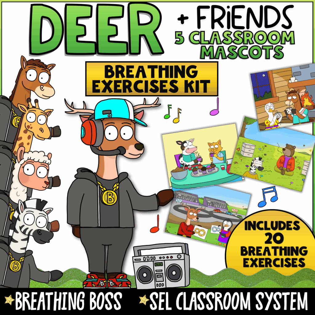 Cover image for the Deer + Friends Breathing Exercises Kit featuring a deer “Breathing Boss” mascot wearing headphones, a cap, and a gold medallion. Includes giraffe, horse, alpaca, and zebra mascots, 20 breathing exercises, SEL classroom management tools, mindfulness activities, emotional regulation supports, and behavior resources for elementary students.