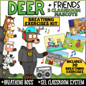 Cover image for the Deer + Friends Breathing Exercises Kit featuring a deer “Breathing Boss” mascot wearing headphones, a cap, and a gold medallion. Includes giraffe, horse, alpaca, and zebra mascots, 20 breathing exercises, SEL classroom management tools, mindfulness activities, emotional regulation supports, and behavior resources for elementary students.