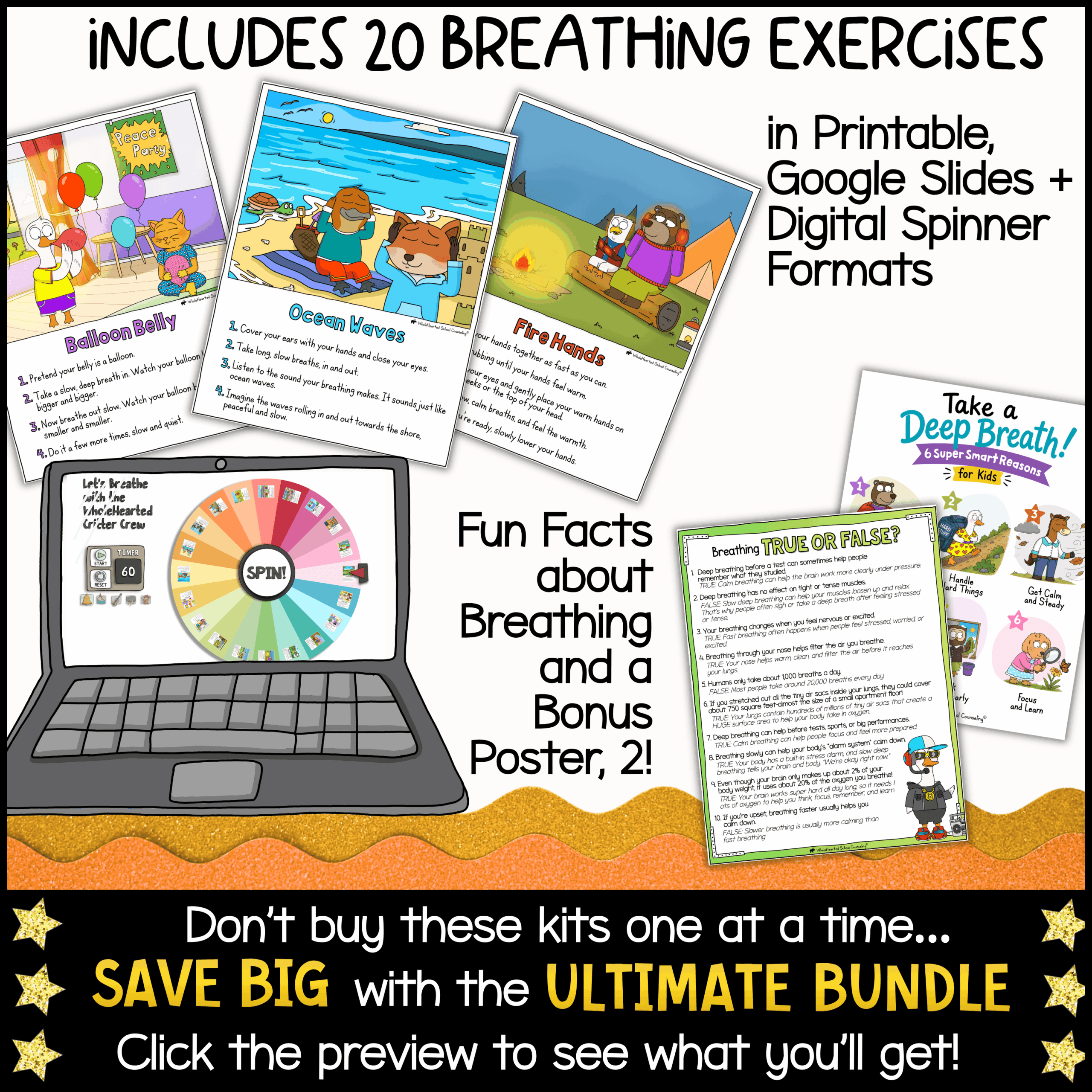 Breathing Exercises Wholehearted Critter Crew PBIS Mascot Goose for School Behavior & SEL Resource overview page for the Goose + Friends Breathing Exercises Kit displaying printable breathing exercise cards, a digital spinner activity, Google Slides resources, breathing facts, posters, and self-regulation tools. Includes 20 breathing exercises designed to support mindfulness, emotional regulation, and classroom calm-down strategies.