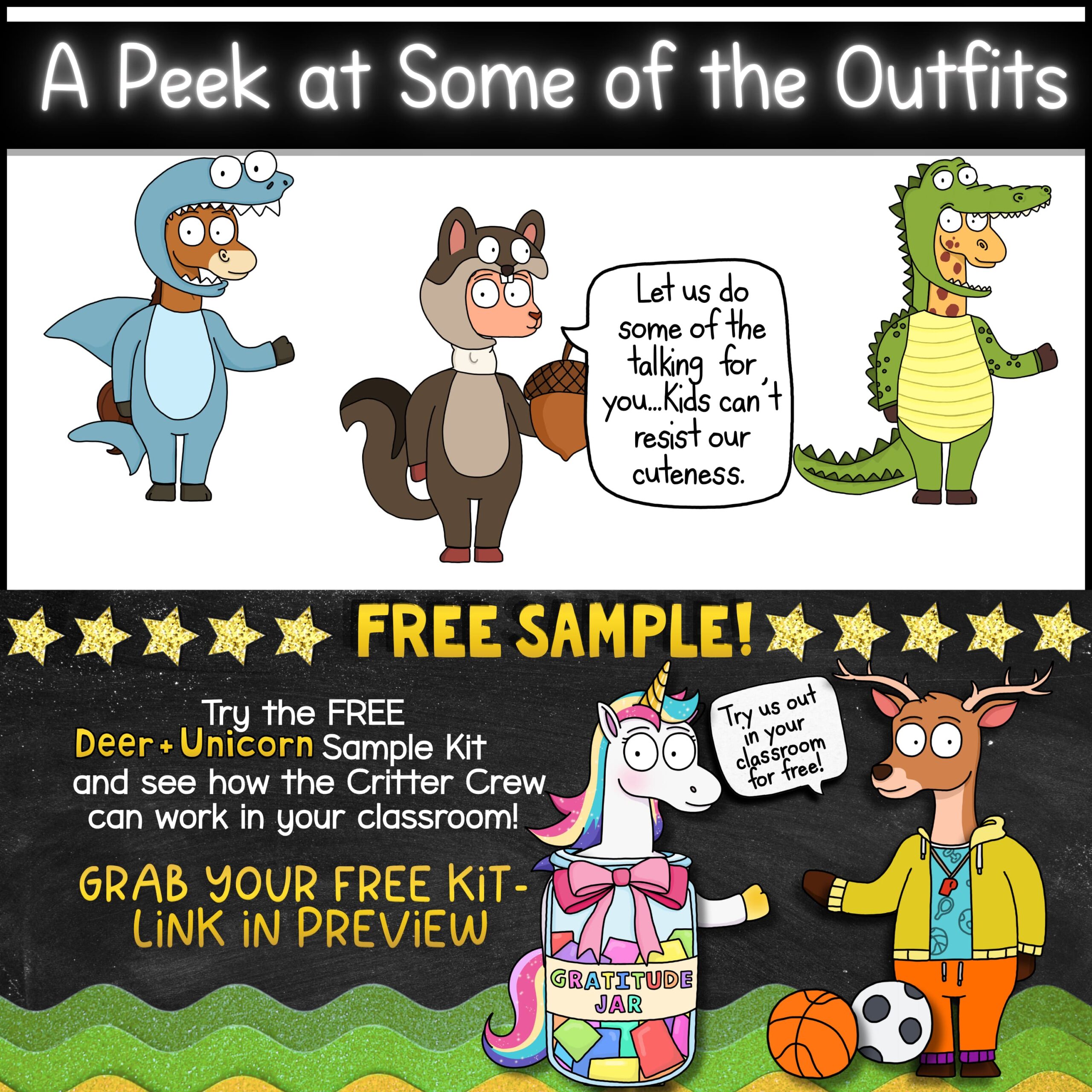 Classroom Goose Breathing Exercises Porch Goose Mascot for Classroom Management, Behavior & SEL Classroom mascot costume preview featuring shark, squirrel, and crocodile-themed animal costumes used for classroom management, SEL lessons, and behavior support. Includes a free Deer and Unicorn sample kit with gratitude activities, costume reveal routines, student engagement tools, and social-emotional learning resources for elementary students.