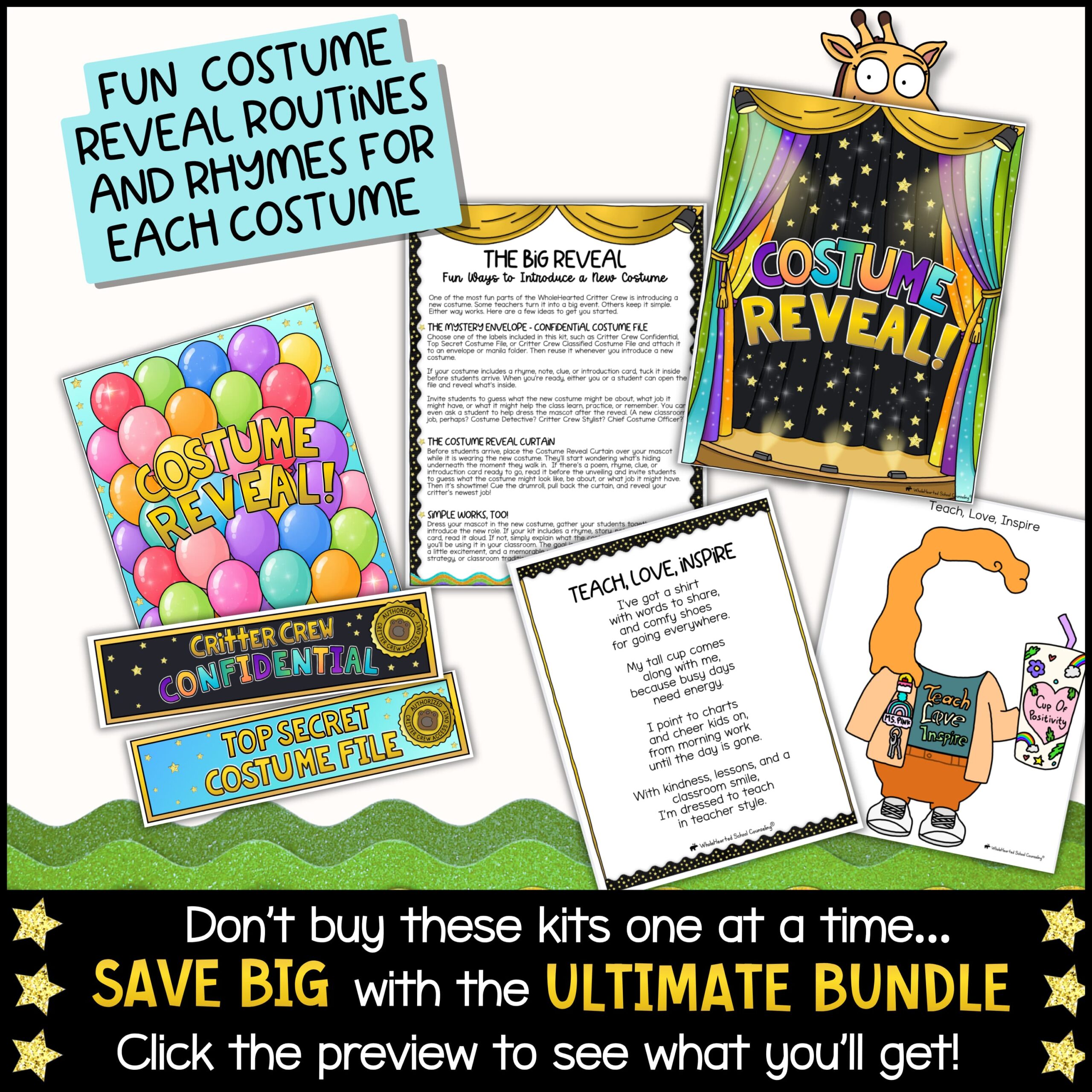 Classroom Goose Goal Setting Class Mascot Goose for School Behavior & SEL Teacher costume reveal classroom resource featuring printable reveal posters, confidential costume files, introduction routines, rhyming poems for every outfit, and classroom mascot activities. Designed to introduce new classroom mascot costumes while supporting SEL lessons, PBIS, classroom discussions, behavior expectations, and student engagement.