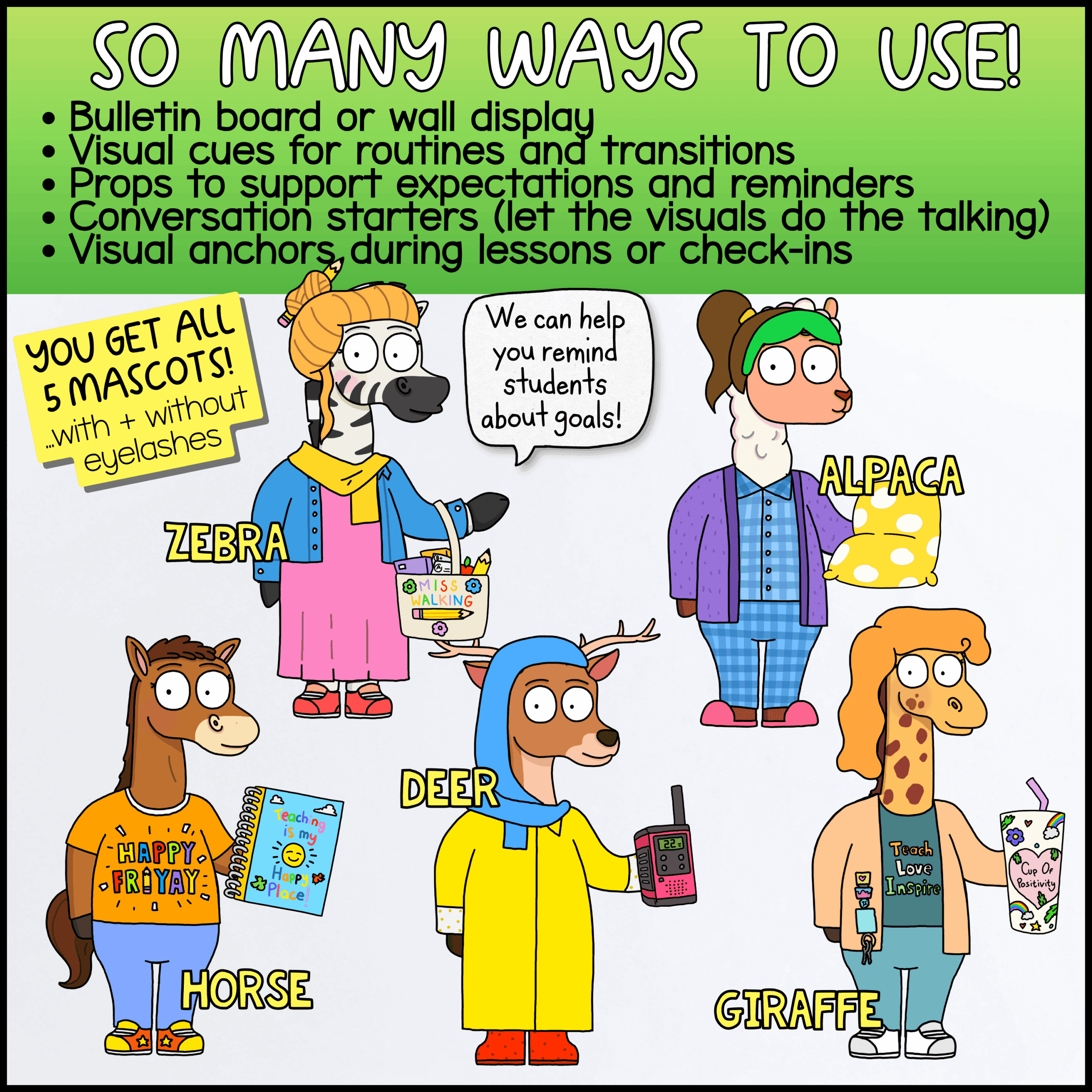 Classroom Goose Goal Setting Classroom Management Mascot Goose for SEL & Behavior Support Teacher-themed classroom mascot bundle featuring Zebra, Alpaca, Horse, Deer, and Giraffe mascots in educator-inspired outfits. Includes bulletin board displays, visual cues for routines and transitions, behavior reminders, conversation starters, classroom management supports, SEL visuals, and lesson anchor charts for elementary classrooms.