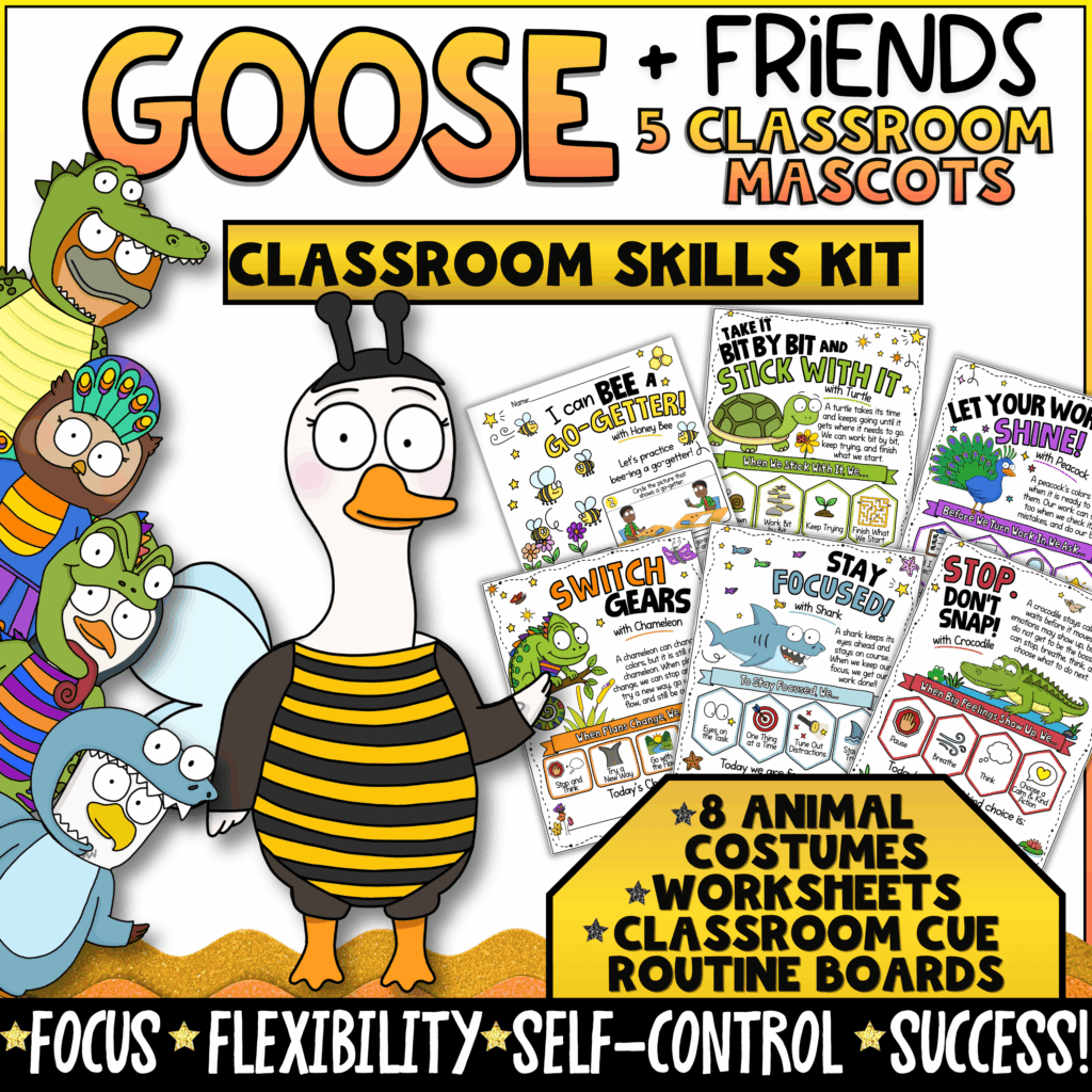 Goose + Friends Classroom Skills Kit featuring animal-themed SEL and behavior support systems for elementary students. Includes focus, flexibility, self-control, work habits, and success-building activities with Goose, Owl, Penguin, Eagle, and Platypus mascots. Resource includes 8 animal costumes, worksheets, classroom cue boards, behavior supports, and social-emotional learning tools for classroom management.