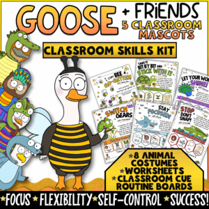Goose + Friends Classroom Skills Kit featuring animal-themed SEL and behavior support systems for elementary students. Includes focus, flexibility, self-control, work habits, and success-building activities with Goose, Owl, Penguin, Eagle, and Platypus mascots. Resource includes 8 animal costumes, worksheets, classroom cue boards, behavior supports, and social-emotional learning tools for classroom management.