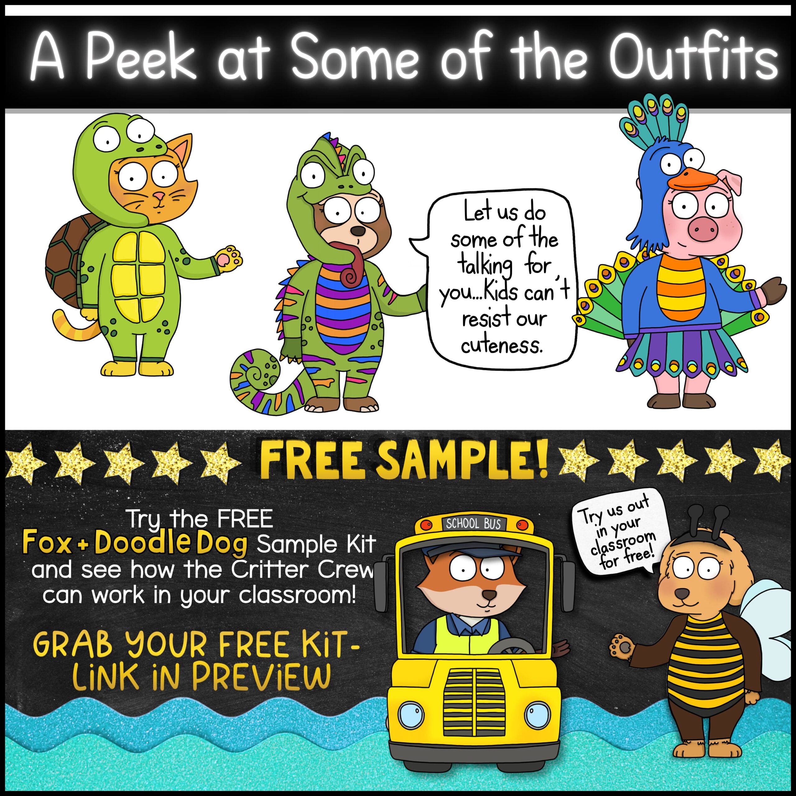 Classroom Skills Classroom Goose Porch Goose Mascot for Classroom Management, Behavior & SEL Classroom mascot costume preview featuring cat, chameleon, and peacock-themed animal costumes used for SEL lessons, behavior support, and classroom engagement. Includes a free Fox and Doodle Dog sample kit with costume reveal activities, conversation starters, and social-emotional learning tools that help elementary students build positive behavior and classroom skills.