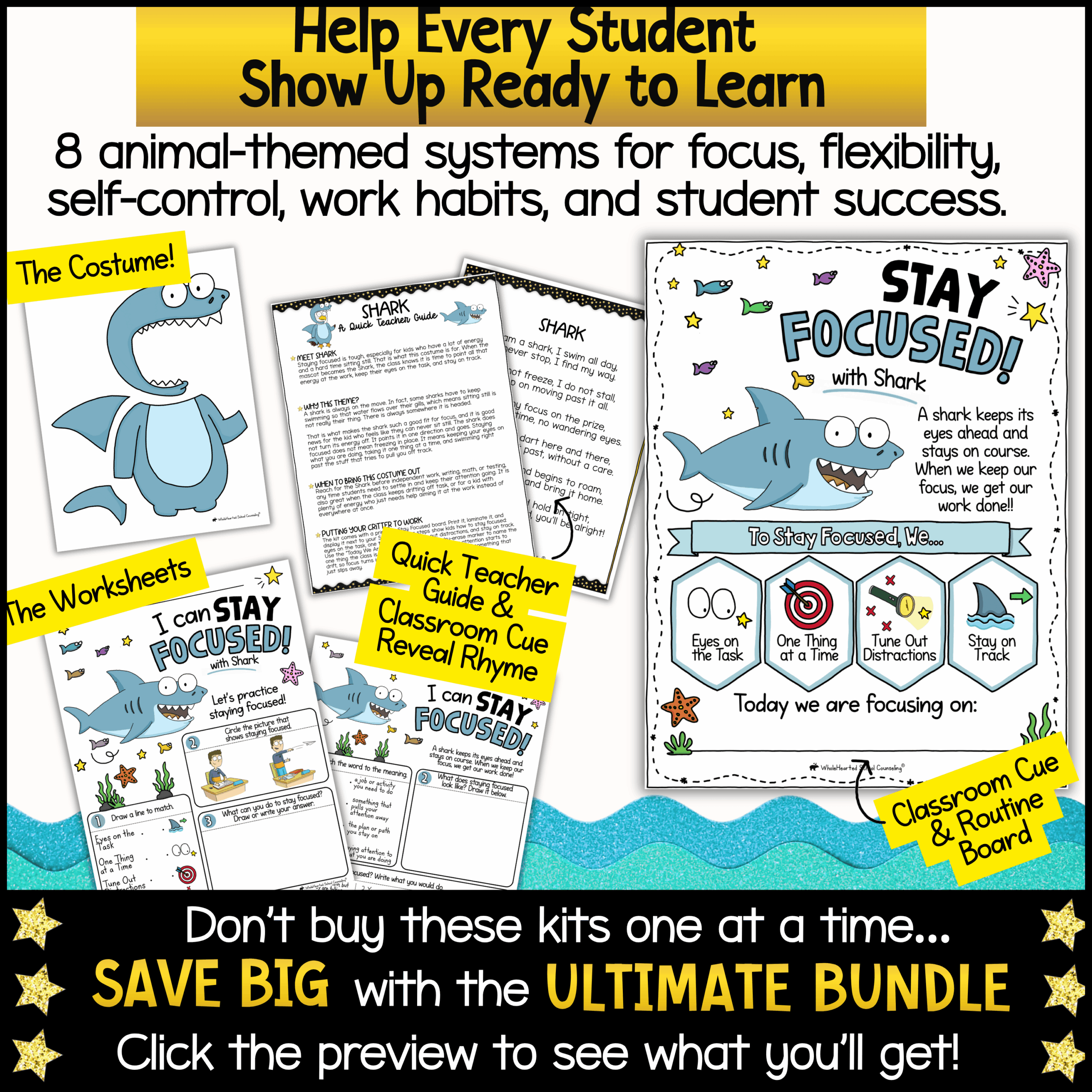 Classroom Systems Mascot Goose Breathing Exercises Classroom Goose for School Behavior & Social Emotional Learning Shark-themed classroom focus and self-control system that teaches students attention, task completion, and executive functioning skills. Includes shark costume character, student worksheets, teacher guide, classroom cue board, and behavior support activities that help students stay focused, reduce distractions, and build positive learning habits.