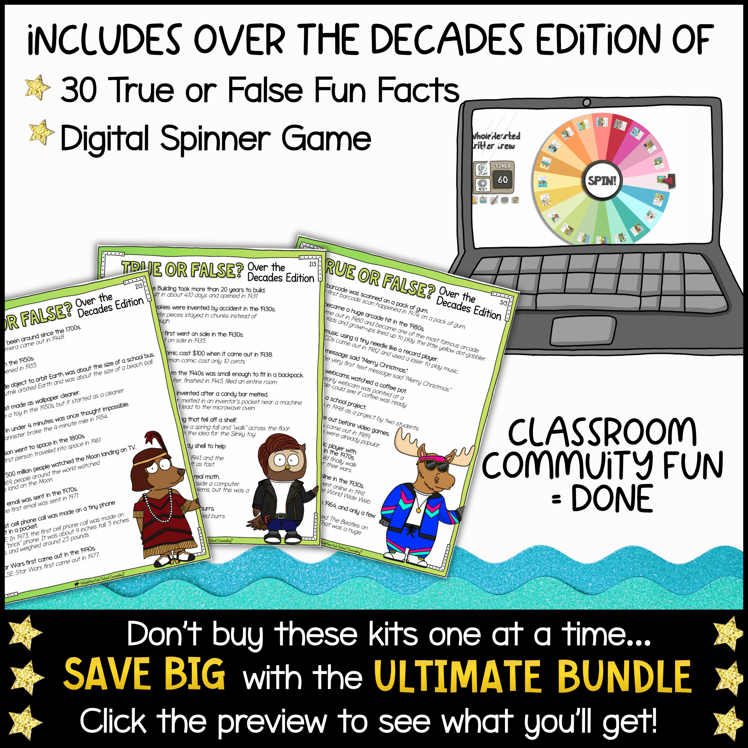 Classroom Systems Mascot Goose Goal Setting Classroom Goose for School Behavior & Social Emotional Learning Over the Decades classroom community activity kit featuring 30 true-or-false fact cards, a digital spinner game, and decade-themed mascot characters. Interactive classroom resource designed to build student engagement, social-emotional learning, teamwork, and classroom community through fun historical trivia and discussion activities.
