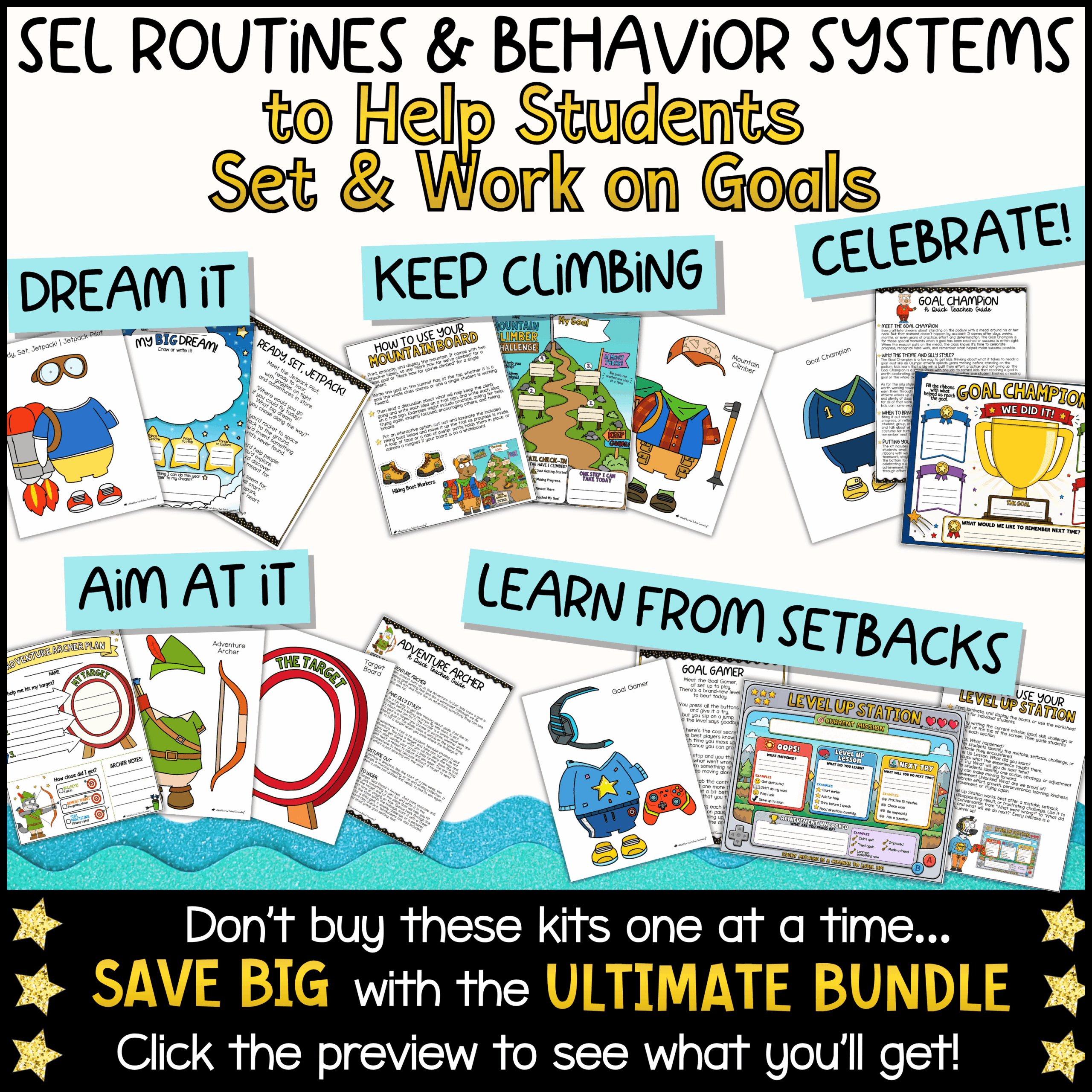 Classroom Systems Mascot Goose Goal Setting Classroom Goose for School Behavior & Social Emotional Learning Goal-setting SEL routines and behavior systems for elementary students featuring five stages of goal achievement: Dream It, Aim At It, Keep Climbing, Learn From Setbacks, and Celebrate. Includes printable worksheets, challenge boards, reflection activities, costume pieces, reward tools, and growth mindset resources that help students set goals, build perseverance, track progress, and celebrate success.