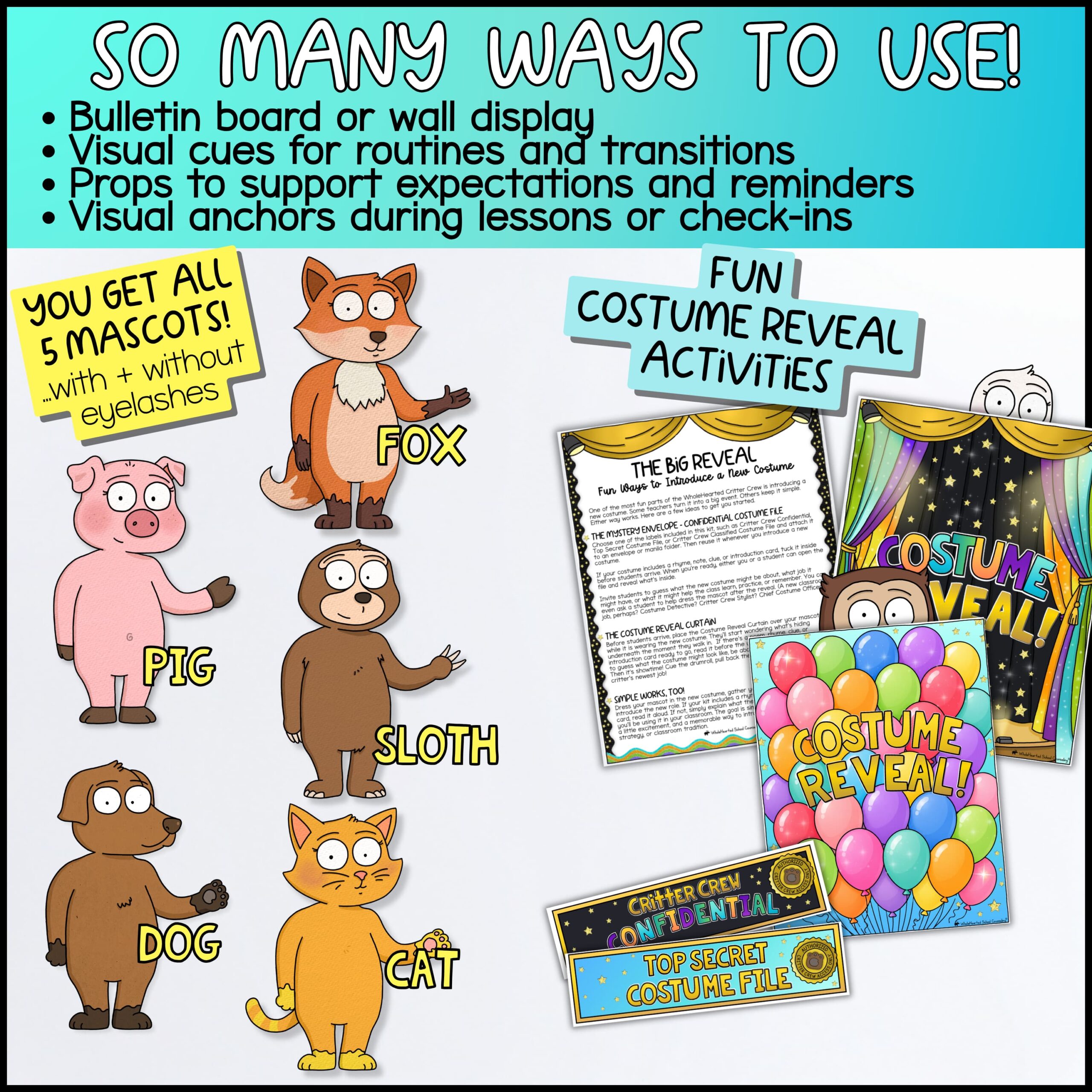 Executive Functioning Classroom Goose Mascot Goose for Social Emotional Learning & Class Systems Fox classroom mascot bundle featuring Fox, Pig, Dog, Sloth, and Cat characters for classroom management, SEL instruction, and behavior support. Includes costume reveal activities, bulletin board displays, visual reminders, classroom routines, transition supports, and student engagement tools for elementary classrooms.