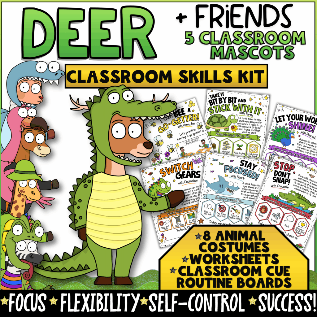 Deer + Friends Classroom Skills Kit featuring animal-themed classroom management and SEL systems that teach focus, flexibility, self-control, and positive work habits. Includes 8 animal costumes, worksheets, classroom cue boards, executive functioning activities, and behavior support resources designed for elementary students and classroom success.