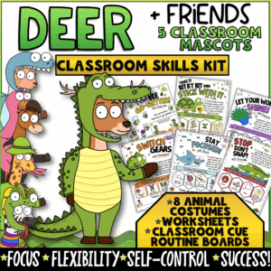 Deer + Friends Classroom Skills Kit featuring animal-themed classroom management and SEL systems that teach focus, flexibility, self-control, and positive work habits. Includes 8 animal costumes, worksheets, classroom cue boards, executive functioning activities, and behavior support resources designed for elementary students and classroom success.