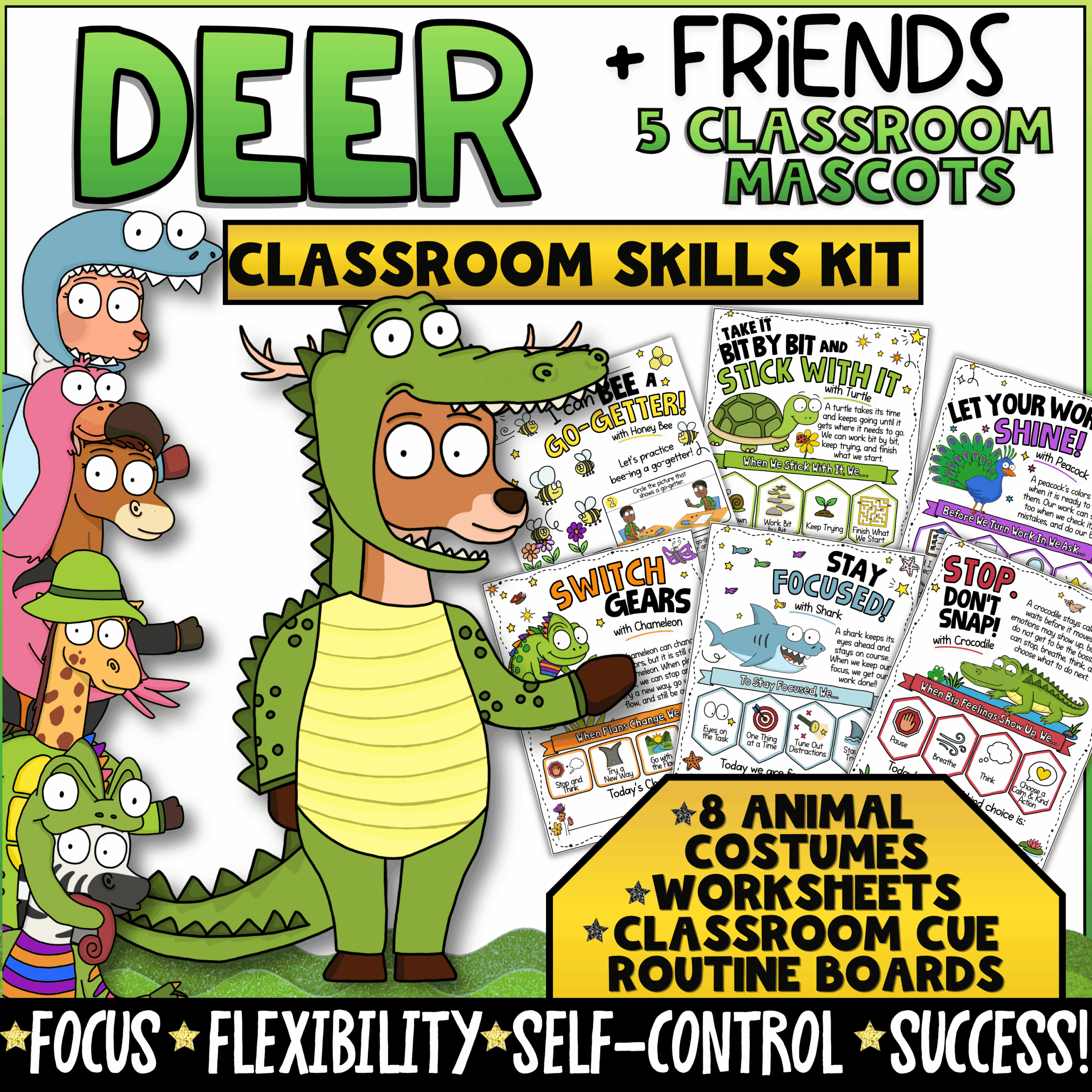 Executive Functioning Classroom Goose School Mascot Goose for Functional Decor, SEL & Classroom Management Deer + Friends Classroom Skills Kit featuring animal-themed classroom management and SEL systems that teach focus, flexibility, self-control, and positive work habits. Includes 8 animal costumes, worksheets, classroom cue boards, executive functioning activities, and behavior support resources designed for elementary students and classroom success.