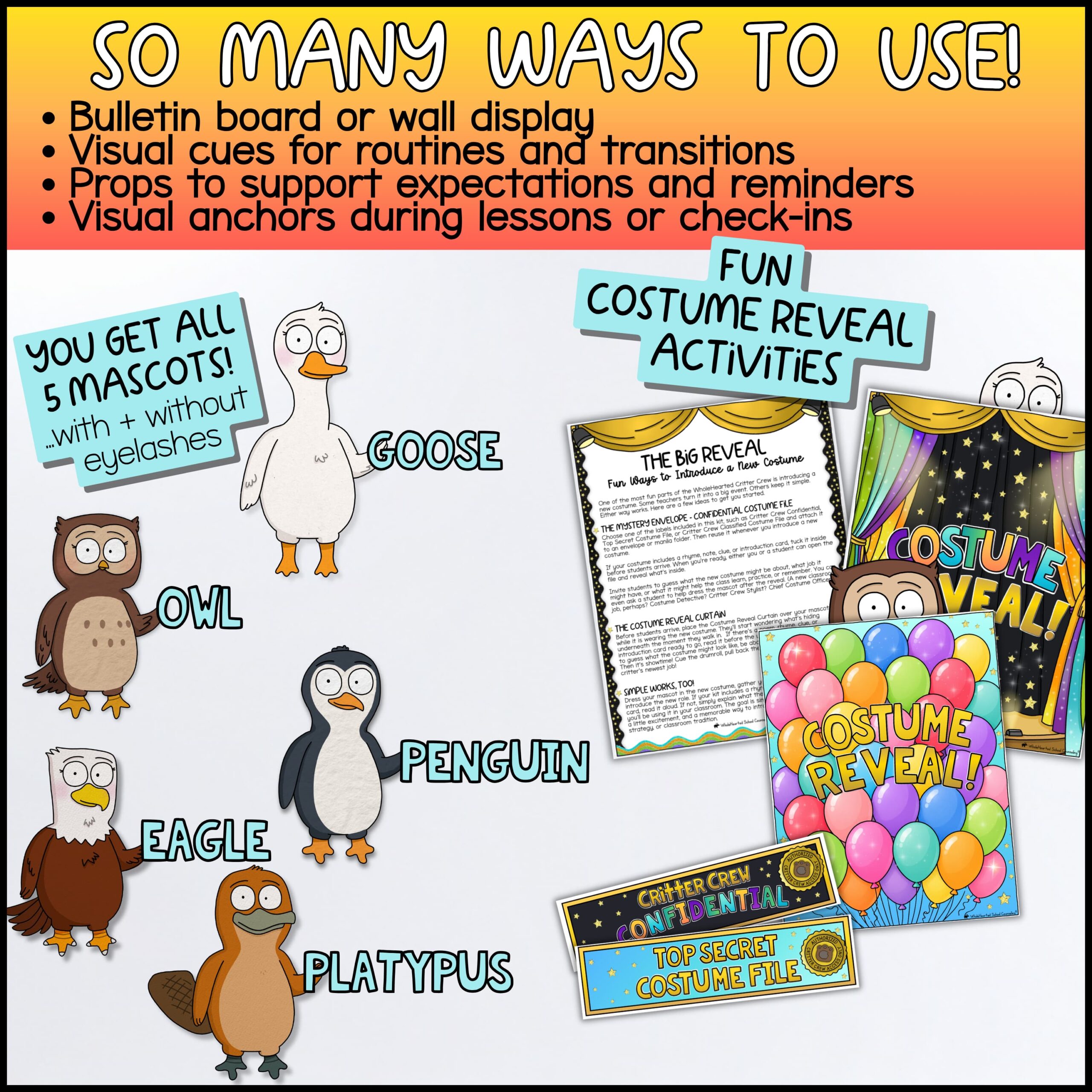 Focus Classroom Goose Mascot Goose for Classroom Management & Social Emotional Learning Classroom mascot bundle featuring Goose, Owl, Penguin, Eagle, and Platypus characters with costume reveal activities, classroom discussion starters, and engagement tools. Includes printable reveal cards, mystery costume files, bulletin board displays, visual supports, and SEL resources designed to strengthen classroom community, focus, self-control, and positive behavior skills.