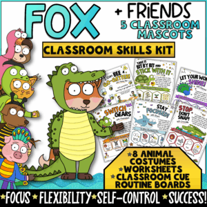 Fox + Friends Classroom Skills Kit featuring animal-themed SEL and behavior management systems designed to teach focus, flexibility, self-control, and classroom success. Includes 8 animal costumes, worksheets, classroom cue boards, executive functioning activities, and social-emotional learning resources for elementary students.
