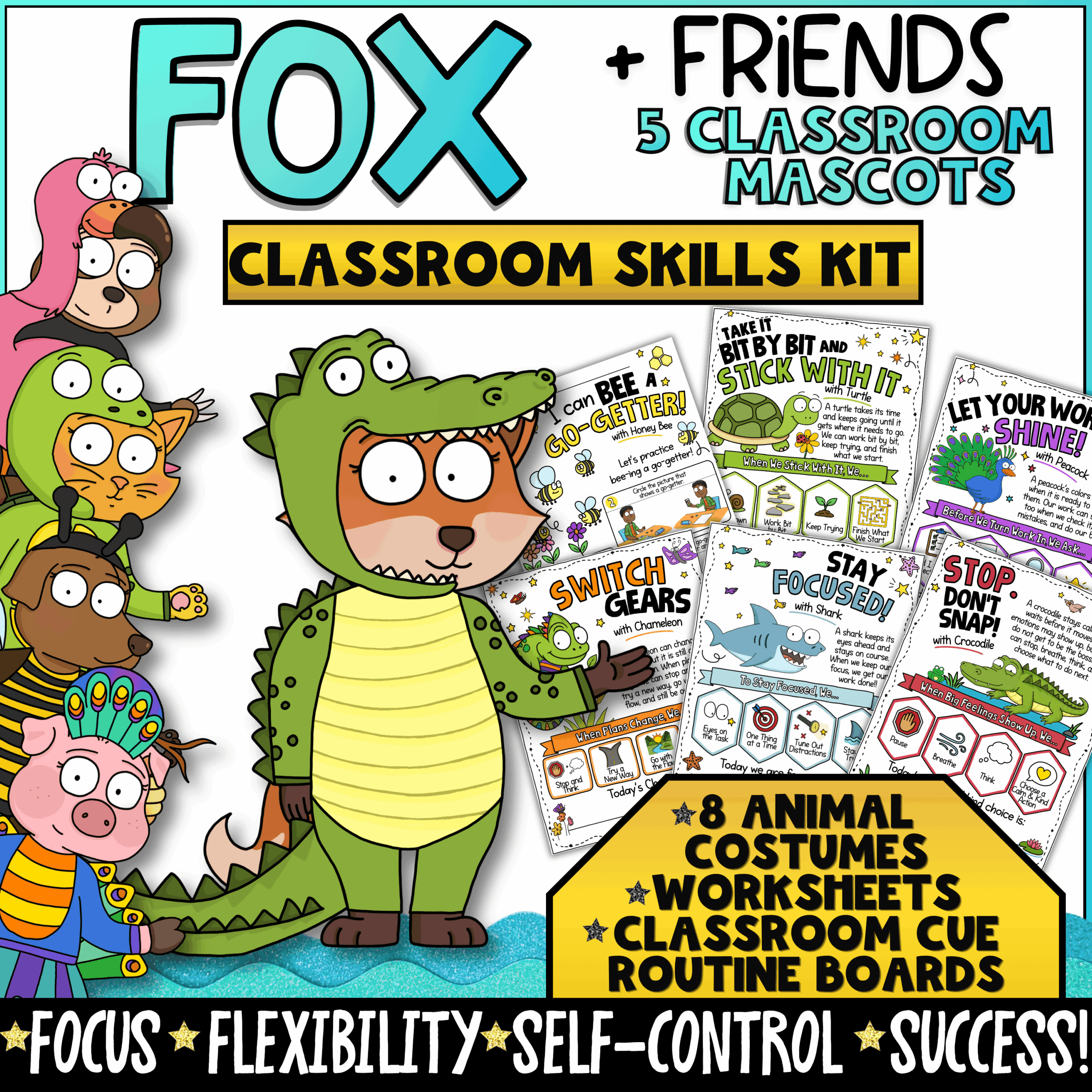 Focus Self Control Classroom Goose Porch Goose Mascot for SEL, Classroom Systems & Behavior Tools Fox + Friends Classroom Skills Kit featuring animal-themed SEL and behavior management systems designed to teach focus, flexibility, self-control, and classroom success. Includes 8 animal costumes, worksheets, classroom cue boards, executive functioning activities, and social-emotional learning resources for elementary students.