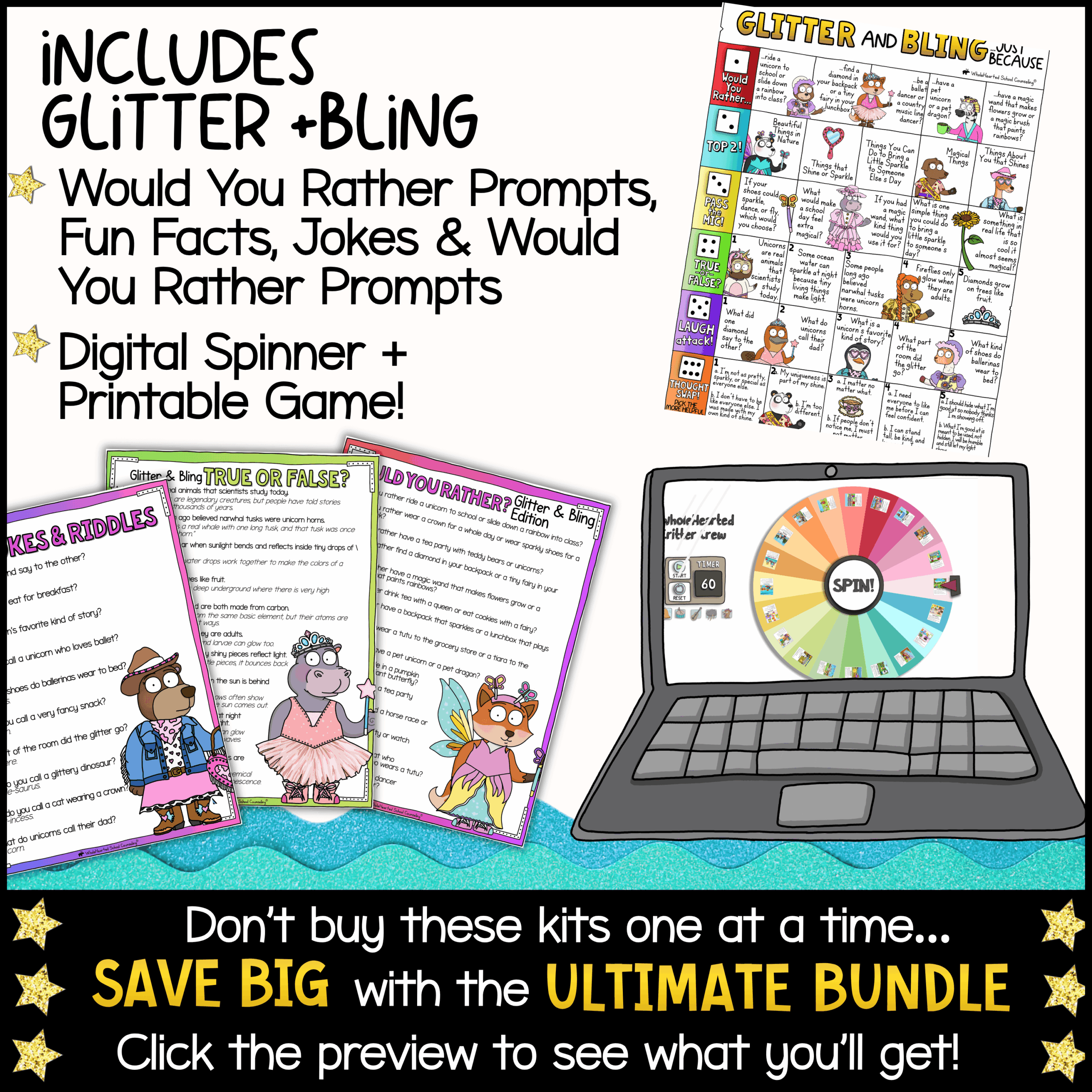 Glitter and Bling Classroom Mascot Goose for SEL, Behavior Support, and Community Glitter and Bling classroom activity pack featuring printable Would You Rather questions, fun facts, jokes, digital spinner game, printable discussion cards, and interactive classroom games. Designed to encourage conversation, social-emotional learning, classroom engagement, morning meetings, and community building for elementary students.