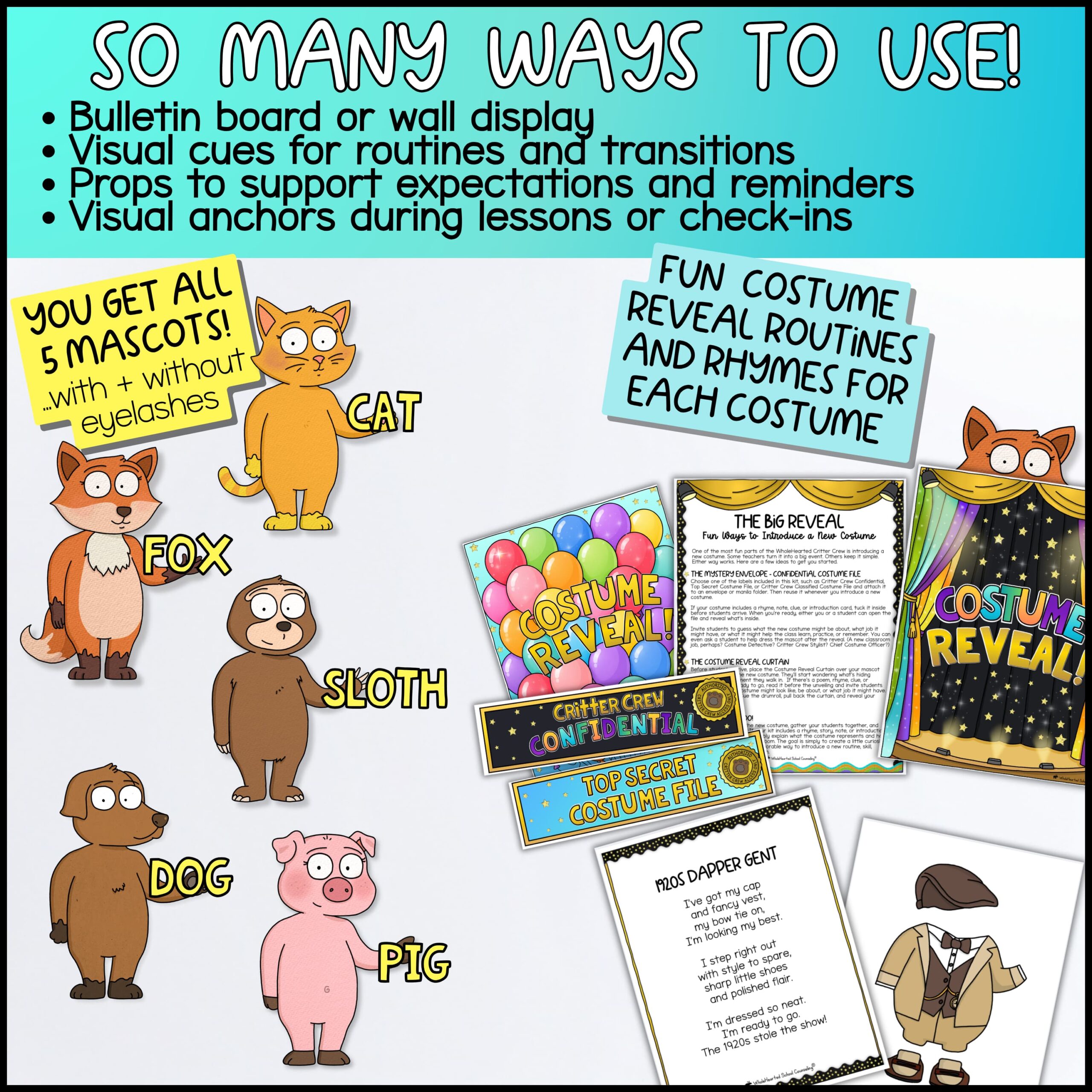 Goal Setting Classroom Goose Mascot Goose for Social Emotional Learning & Class Systems Fox classroom mascot bundle featuring Fox, Cat, Sloth, Dog, and Pig classroom characters. Includes bulletin board displays, visual cues, classroom reminders, costume reveal activities, rhymes, and social-emotional learning supports for classroom management, routines, and student engagement.