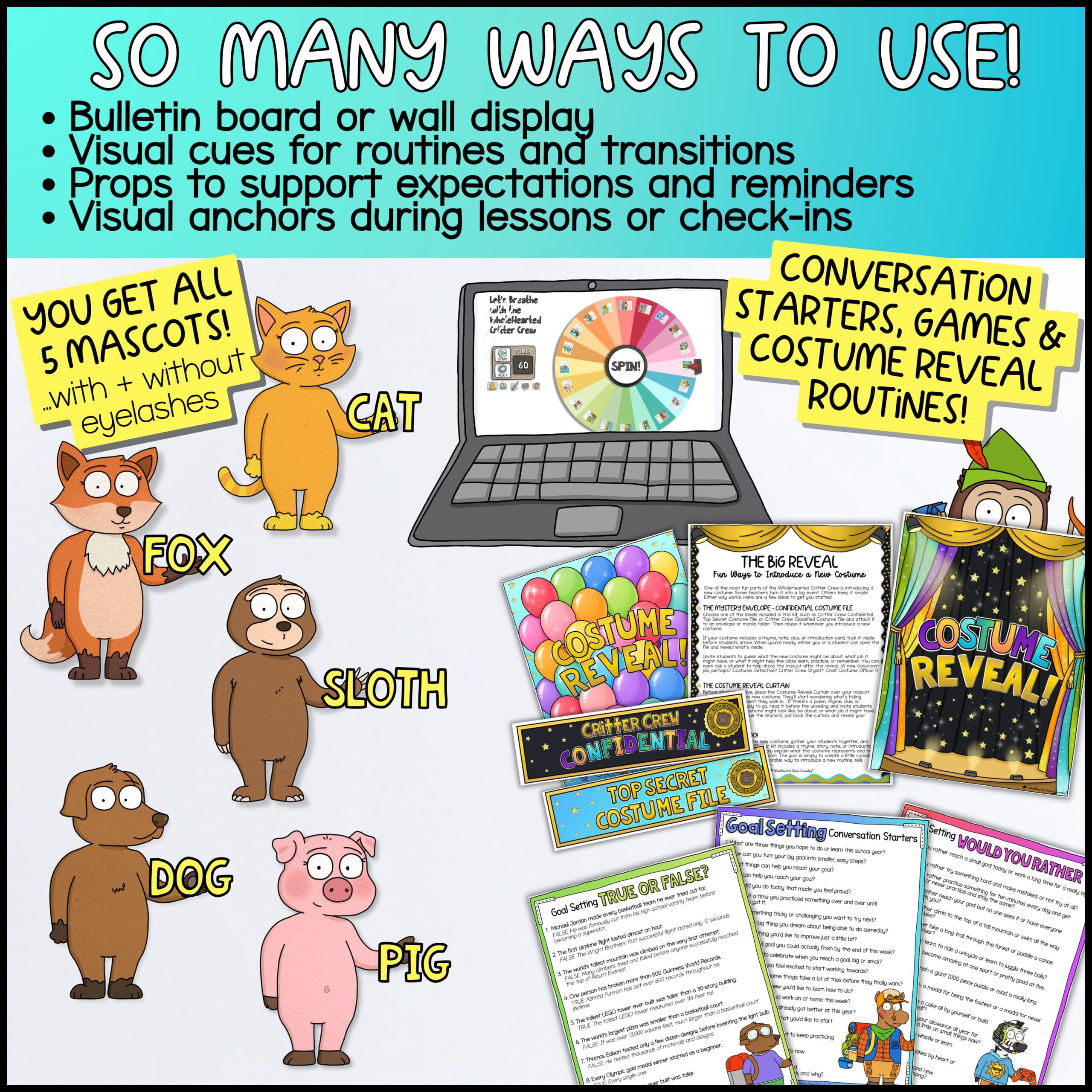 Goal Setting Classroom Goose Mascot Goose for Social Emotional Learning & Class Systems Fox + Friends classroom mascot goal-setting activities and SEL tools featuring Fox, Cat, Sloth, Dog, and Pig mascots. Includes digital spinner games, conversation starters, goal-setting discussion cards, costume reveal activities, classroom visuals, and behavior support resources that help students develop motivation, responsibility, and goal achievement skills.