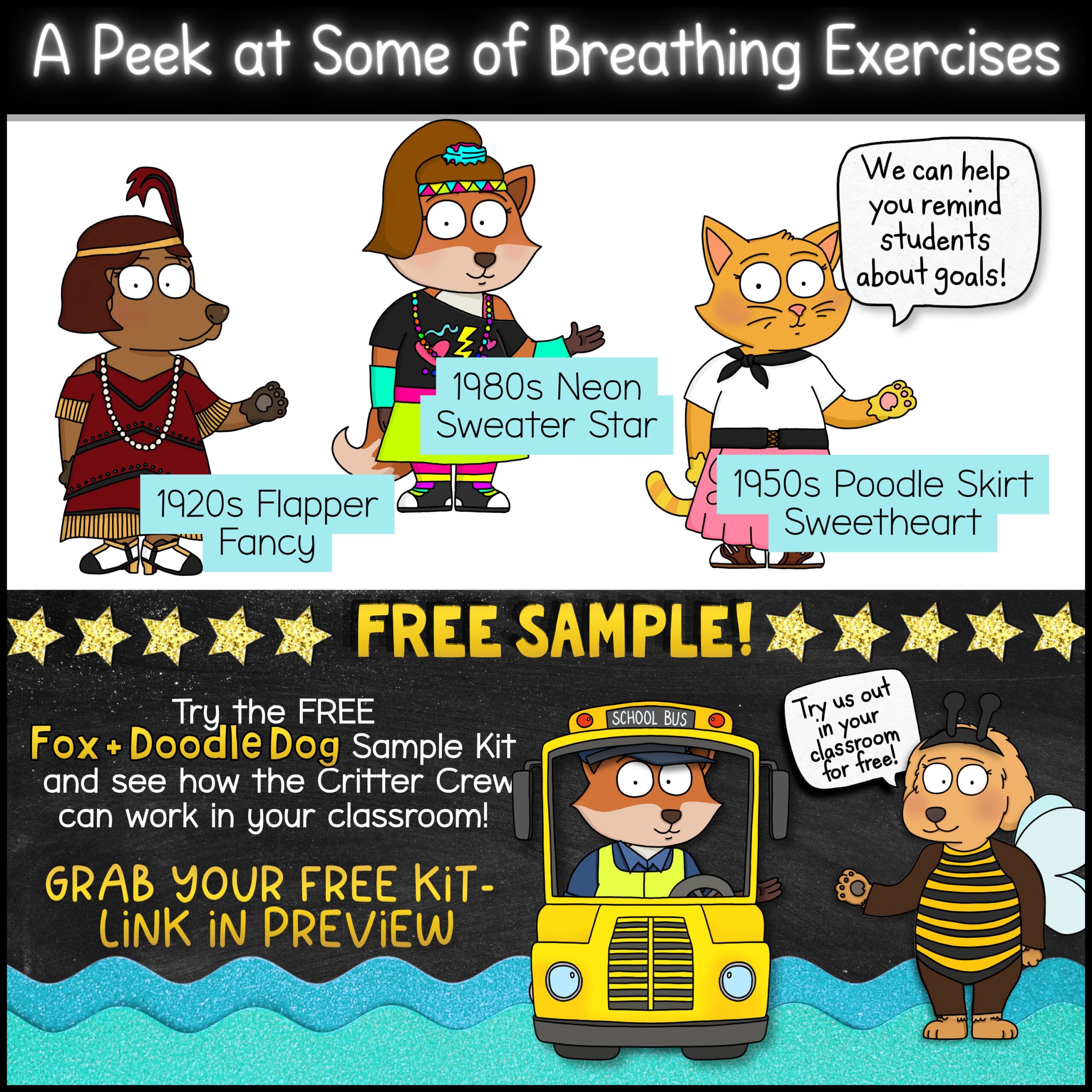 Goal Setting Classroom Goose Porch Goose Mascot for Classroom Management, Behavior & SEL (2) Fox mascot costume preview featuring decade-themed classroom characters dressed as a 1920s flapper, 1950s poodle skirt student, and 1980s neon fashion character. Classroom mascot resource designed to support goal setting, SEL lessons, classroom discussions, and student participation.