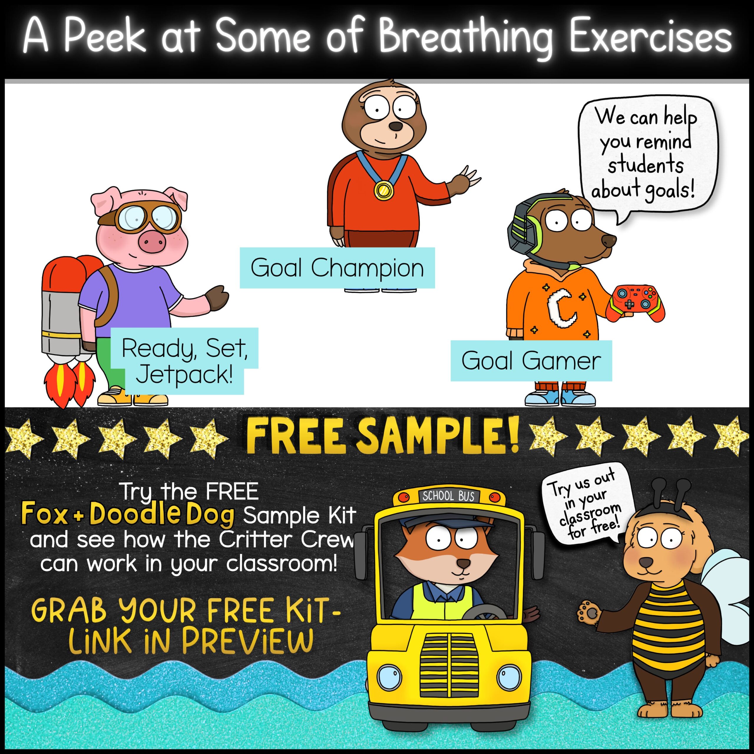 Goal Setting Classroom Goose Porch Goose Mascot for Classroom Management, Behavior & SEL (2) Goal-setting costume preview and free classroom sample kit featuring Ready, Set, Jetpack, Goal Champion, and Goal Gamer character costumes. Includes a free Fox and Doodle Dog sample kit, classroom goal-setting activities, SEL resources, behavior supports, and mascot-based motivation tools designed to encourage student growth and achievement.