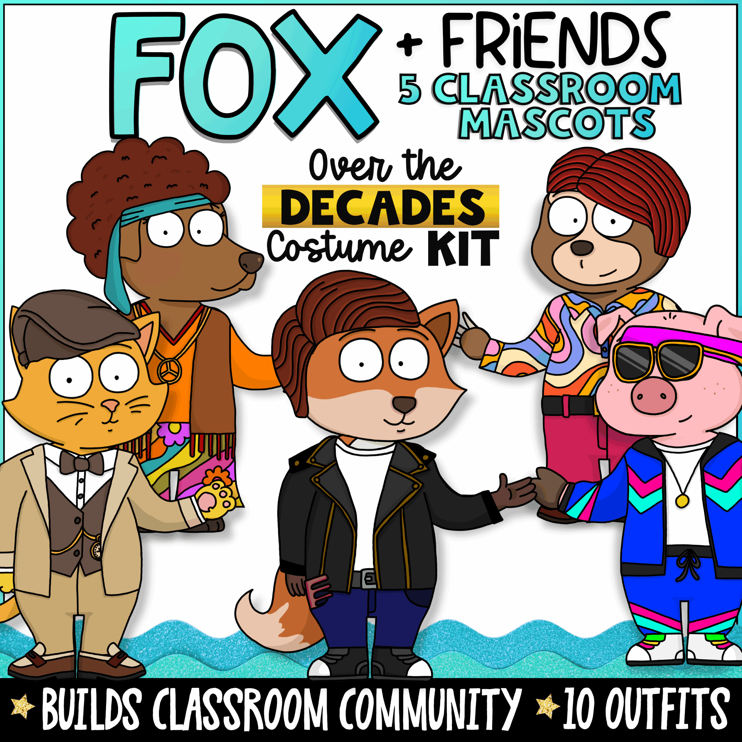 Goal Setting Classroom Goose Porch Goose Mascot for SEL, Classroom Systems & Behavior Tools Fox + Friends Over the Decades Costume Kit featuring classroom mascot characters dressed in decade-inspired outfits including 1920s, 1960s, 1970s, and 1980s fashions. Includes 10 costume designs, classroom community activities, social-emotional learning supports, and student engagement resources for elementary classrooms.