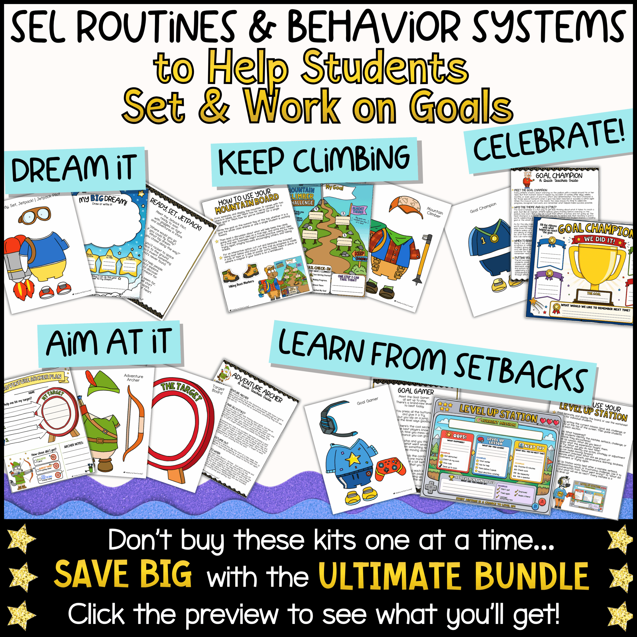 Goal Setting Classroom Goose School Mascot Goose for Classroom Management, Behavior & PBIS Support Moose + Friends Goal Setting Kit for SEL and Behavior Support featuring a Moose classroom mascot and five costume themes. Includes goal-setting worksheets, challenge trackers, celebration activities, games, printable resources, and classroom management tools that help students set goals, stay motivated, monitor progress, and develop perseverance.