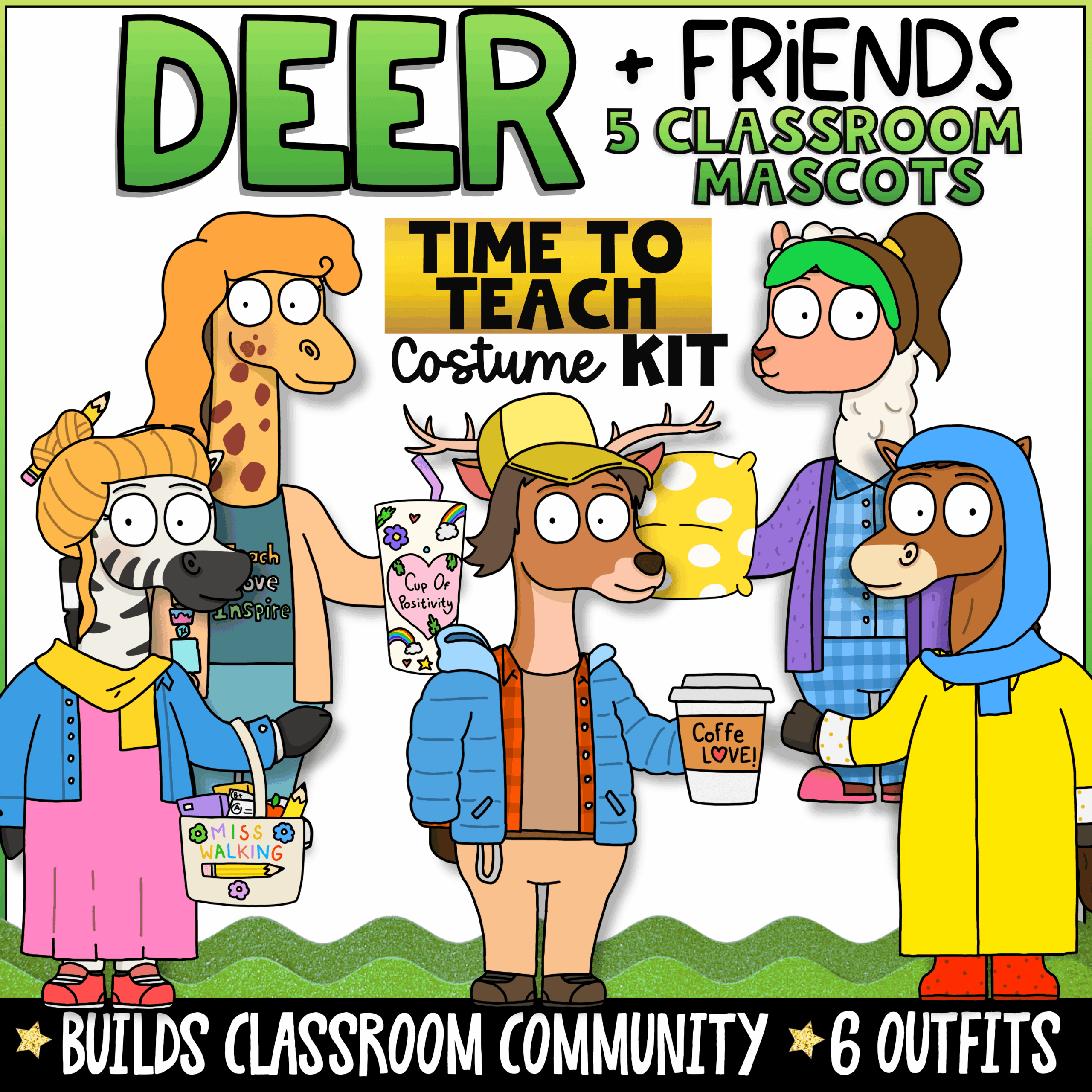 Goal Setting Classroom Goose School Mascot Goose for Functional Decor, SEL & Classroom Management Deer + Friends Time to Teach classroom mascot costume kit featuring Deer, Zebra, Giraffe, Alpaca, and Horse classroom mascots dressed in teacher-inspired outfits. Includes 6 themed costumes that build classroom community, support PBIS, social-emotional learning, classroom management, and positive behavior in elementary classrooms.
