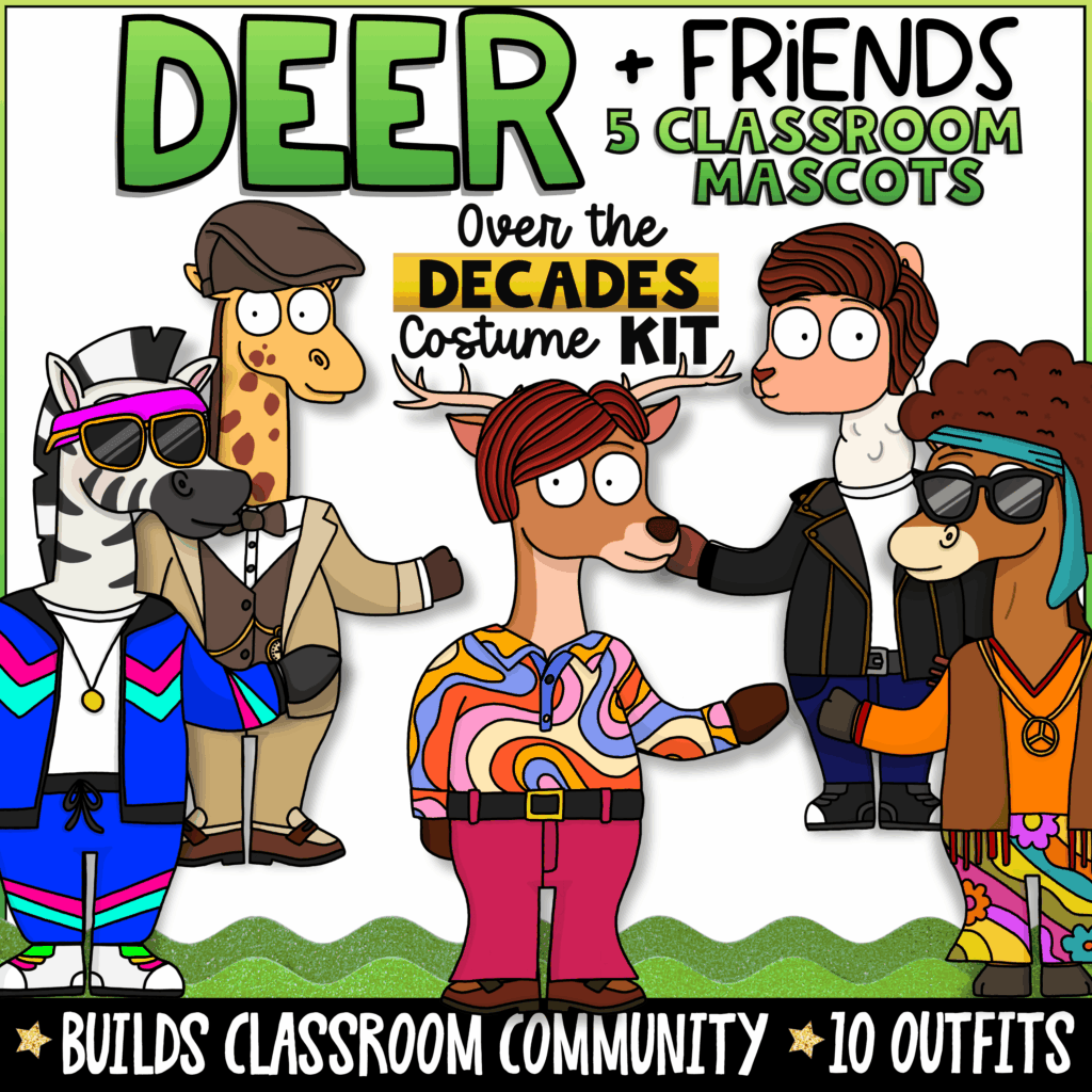 Deer + Friends Over the Decades Costume Kit featuring Deer, Zebra, Horse, Alpaca, and Giraffe classroom mascot characters dressed in decade-inspired outfits from the 1920s through the 1980s. Includes 10 costume designs, classroom community activities, social-emotional learning supports, and student engagement resources for elementary classrooms.