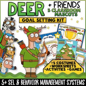 Deer + Friends Goal Setting Kit for classroom SEL, behavior support, and character education featuring Deer, Zebra, Horse, Giraffe, and Alpaca mascots. Includes five costume characters, printable worksheets, games, challenge activities, goal-setting trackers, and behavior management tools that help elementary students develop perseverance, responsibility, self-reflection, and goal achievement skills.