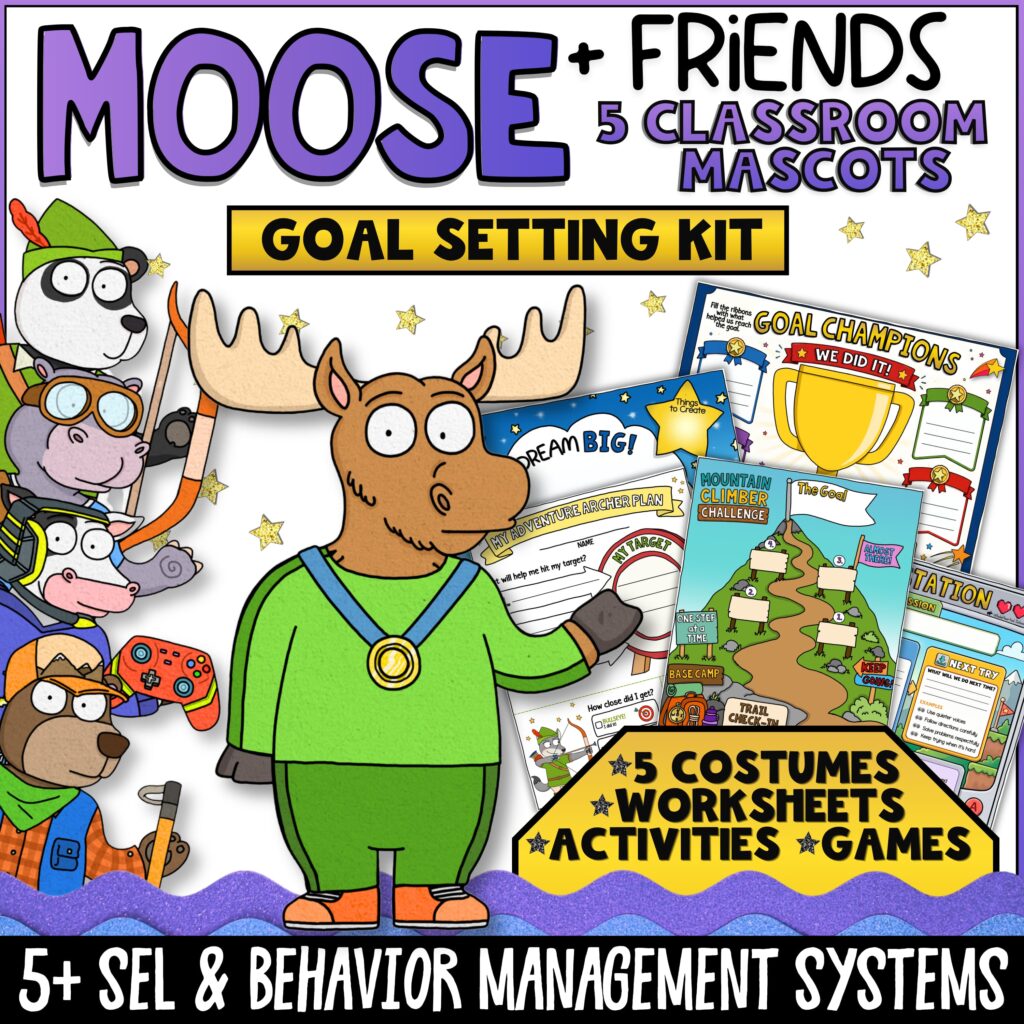 Moose + Friends Goal Setting Conversation Starters and SEL Activities featuring Moose, Cow, Panda, Hippo, and Bear classroom mascots. Includes printable conversation starters, goal-setting discussion cards, digital spinner games, costume reveal activities, and classroom SEL resources designed to build motivation, reflection, goal achievement, and positive behavior habits in elementary students.