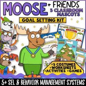 Moose + Friends Goal Setting Conversation Starters and SEL Activities featuring Moose, Cow, Panda, Hippo, and Bear classroom mascots. Includes printable conversation starters, goal-setting discussion cards, digital spinner games, costume reveal activities, and classroom SEL resources designed to build motivation, reflection, goal achievement, and positive behavior habits in elementary students.