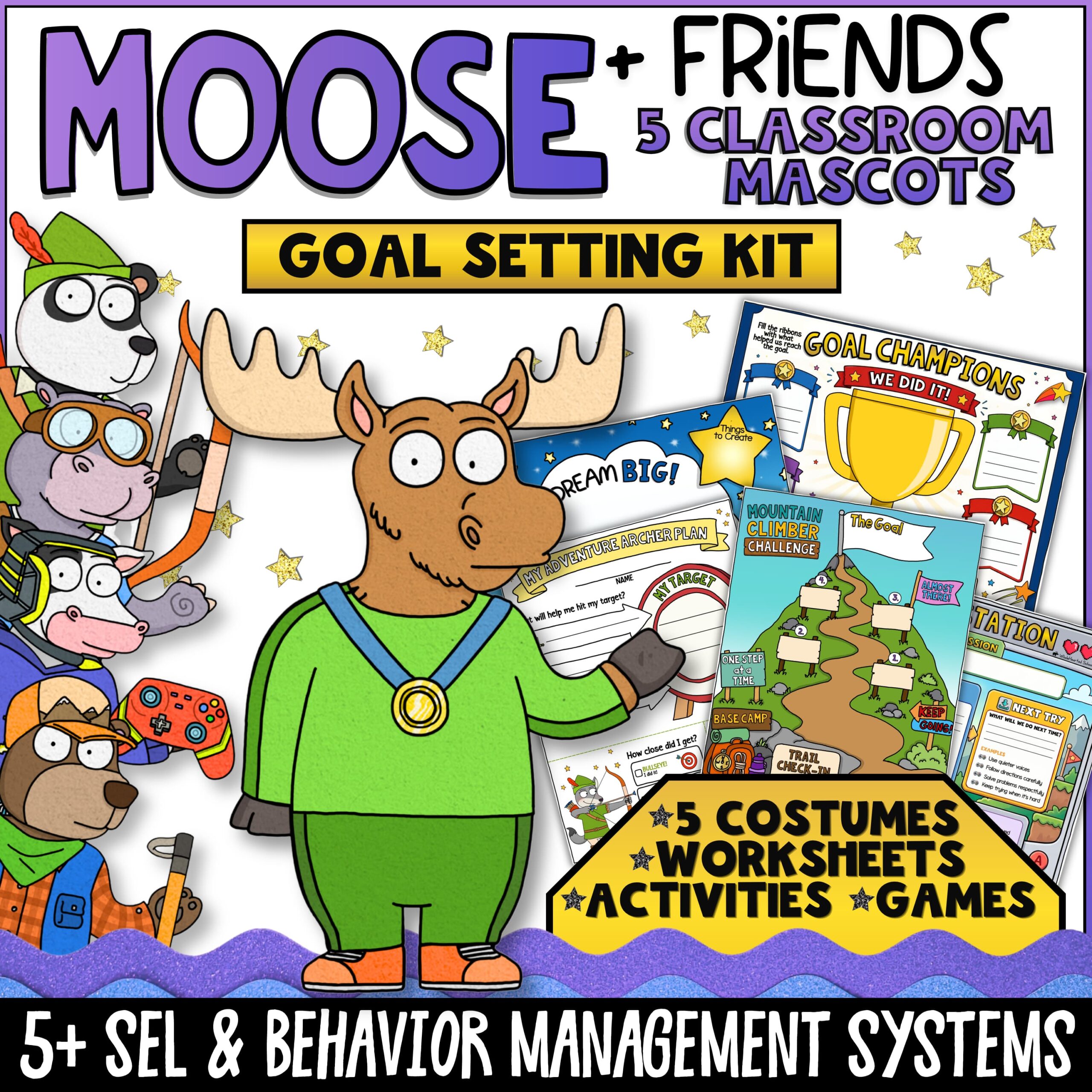 Goal Setting Classroom Mascot Goose for Classroom Systems & PBIS Behavior Moose + Friends Goal Setting Conversation Starters and SEL Activities featuring Moose, Cow, Panda, Hippo, and Bear classroom mascots. Includes printable conversation starters, goal-setting discussion cards, digital spinner games, costume reveal activities, and classroom SEL resources designed to build motivation, reflection, goal achievement, and positive behavior habits in elementary students.