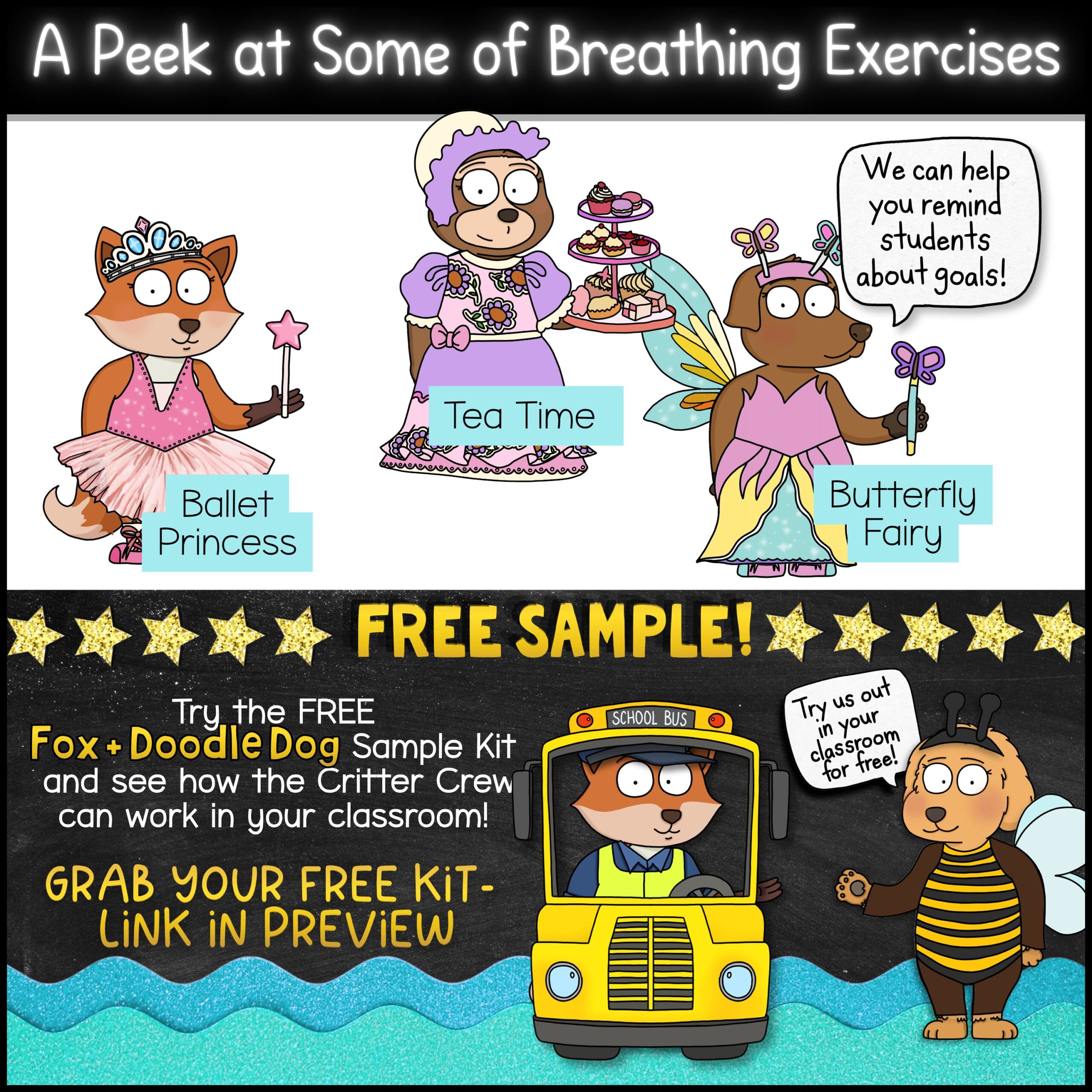 Porch Goose SEL Mascot in Glitter Princess and Unicorn Fairy Costumes Classroom mascot costume preview featuring Ballet Princess Fox, Tea Time Sloth, and Butterfly Fairy Dog outfits. Teacher-friendly classroom mascot costumes designed for storytelling, classroom discussions, SEL lessons, behavior supports, imaginative play, and classroom community building activities.